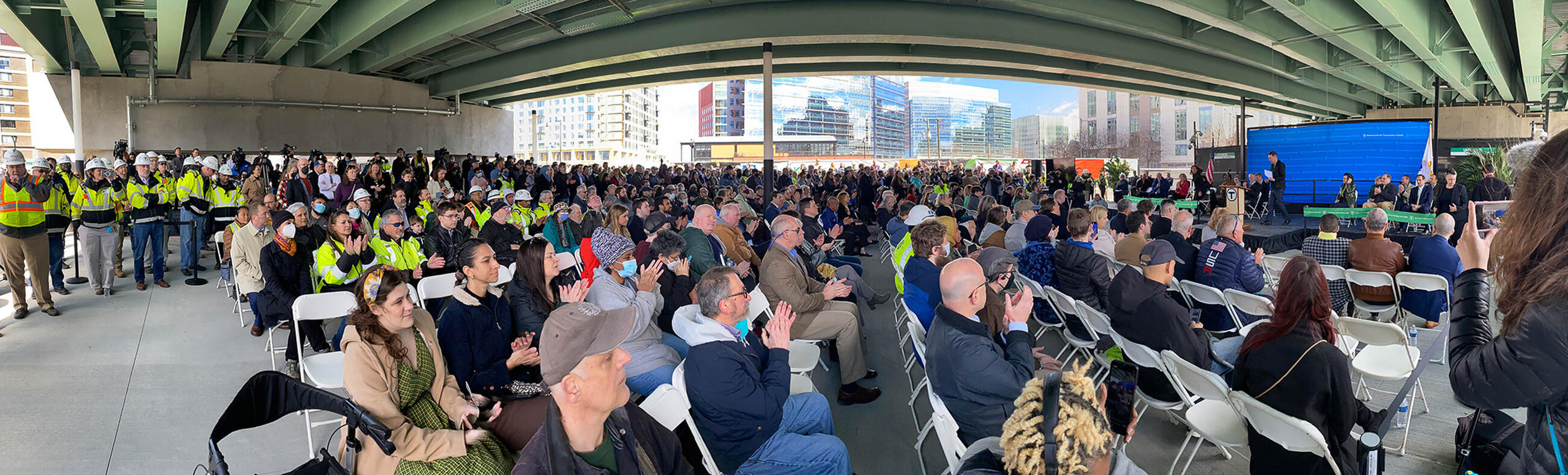 Federal, state, and local elected leaders joined community advocates, stakeholder groups, and MBTA and GLX staff for the opening event at the new Lechmere Station.