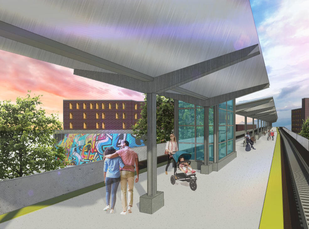 An artist's rendering of the Lynn Commuter Rail station platform. Riders are waiting on the platform, a canopy is overhead, and buildings and trees are in the background.