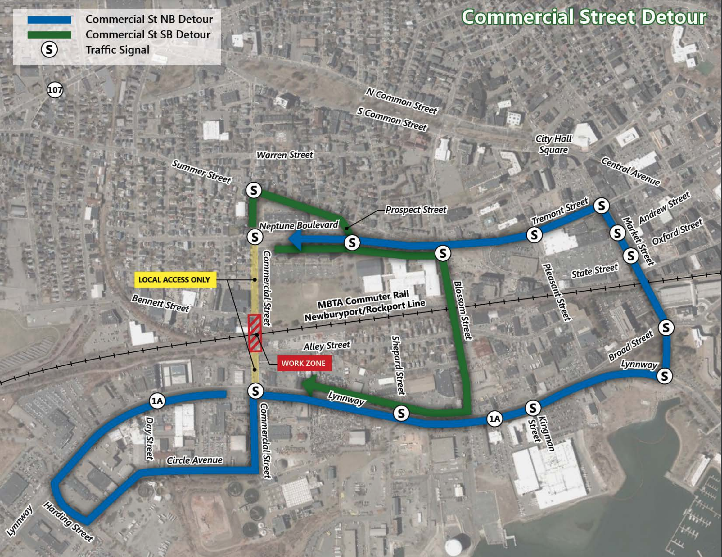 An overhead photo map shows the detour in place from Saturday night, April 9, until Monday morning, April 11. Southbound detour line runs from Commercial and Summer streets down Summer to Blossom to Lynnway back to Commercial. Northbound detour runs along Lynnway to Market to Tremont.