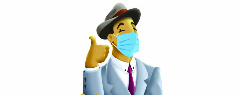 MBTA character "Charlie" wearing a suit and mask and giving a thumbs up