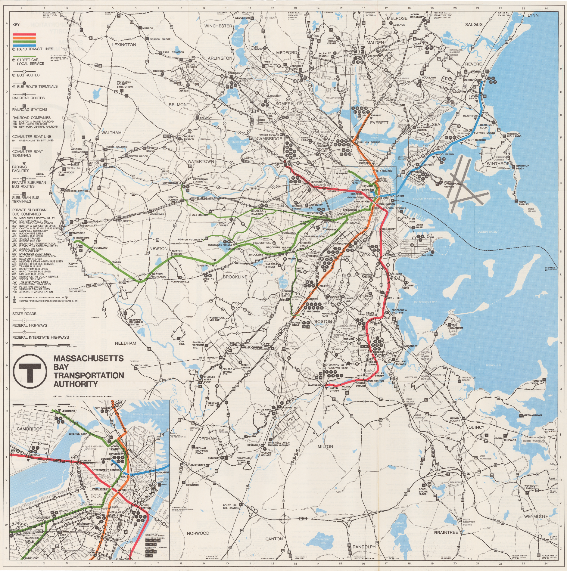 A highly detailed black and white line map of the Greater Boston area with the colored lines of the subway/trolley lines and branches overlaid at the map's center. A zoomed in view of Boston proper is inset at lower left. The map goes from Lexington at upper left to Lynn at upper right, and Dedham at lower left to Waymouth at lower right. A key at left includes symbols for bus, railroad, and ferry routes.