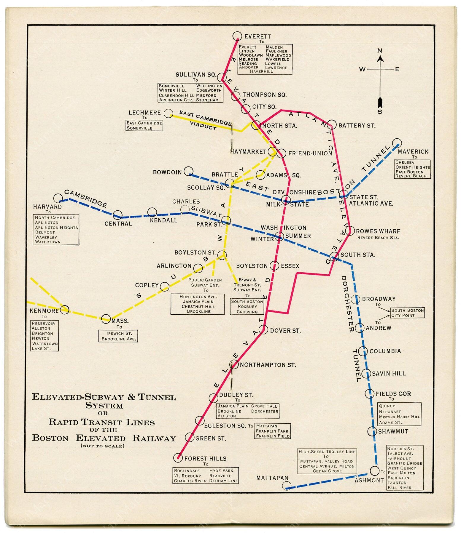 This 1932 line map of the Boston Elevated Railway Company's elevated subway and tunnel system shows the rapid transit lines of Greater Boston from Everett at top to Forest Hills at bottom on one line (here in red), from Cambridge to Mattapan on a second line (in blue), from Bowdoin to Maverick on a third line (also blue), from Lechmere to Kenmore on a fourth line (in yellow). Colors do not match modern line colors. 