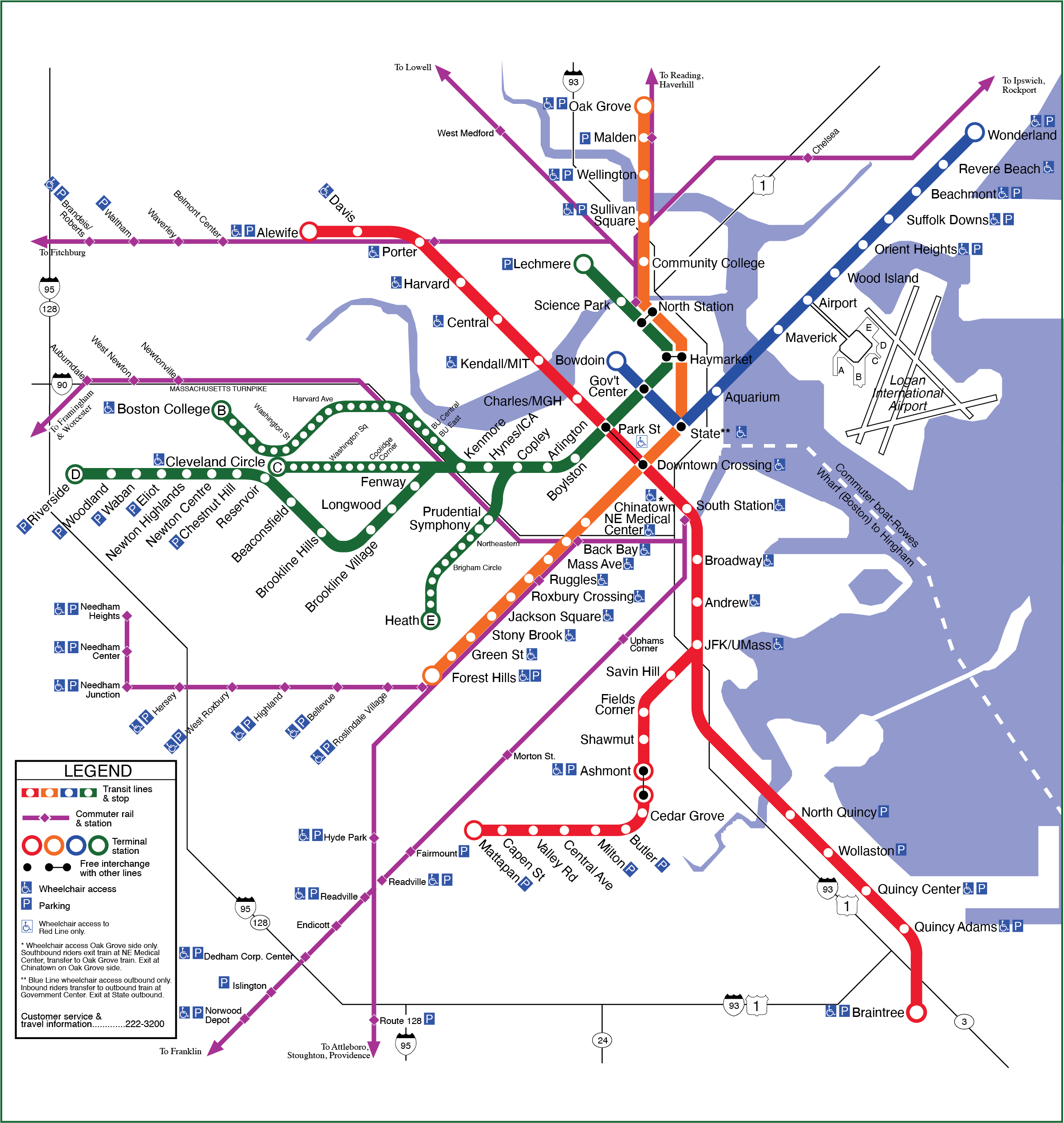 This map includes the four colorful rapid transit lines with station names (though only accessible stations are labeled on the Green Line's B, C, and E branches), purple Commuter Rail lines (with stations labeled), some major freeways labeled, and waterways in bright blue. Accessible stations are labeled, as are stations with parking.