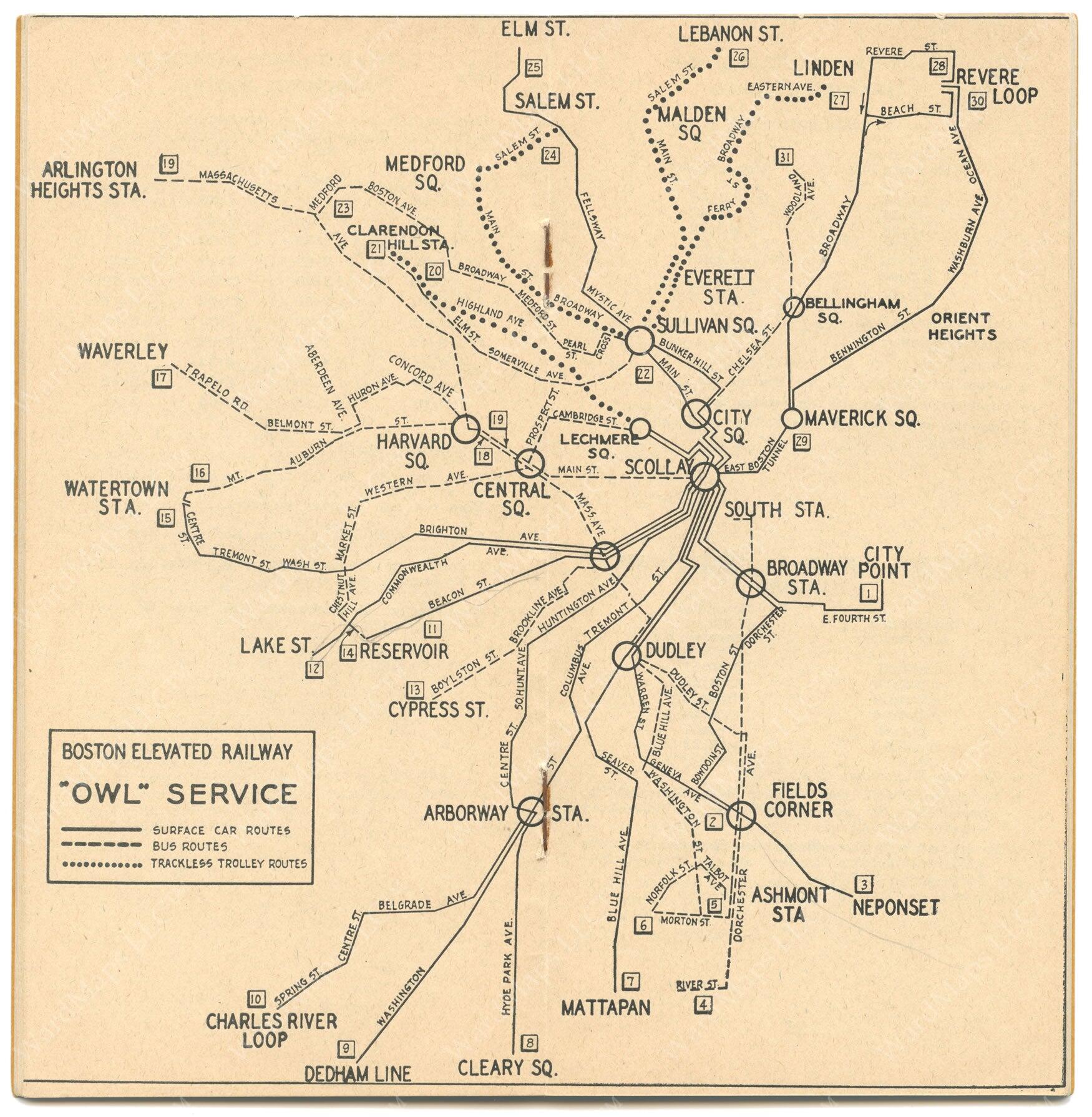 A photo of a printed 1947 paper map showing "owl service" (night service) provided by the Boston Elevated Railway Company and the Metropolitan Transit Authority. The map runs to Medford at the top, Mattapan at the bottom, Arlington Heights and Watertown Station at left, and Revere Loop, Orient Heights, and Neponset at right.Holes where staples used to be run down the center. 