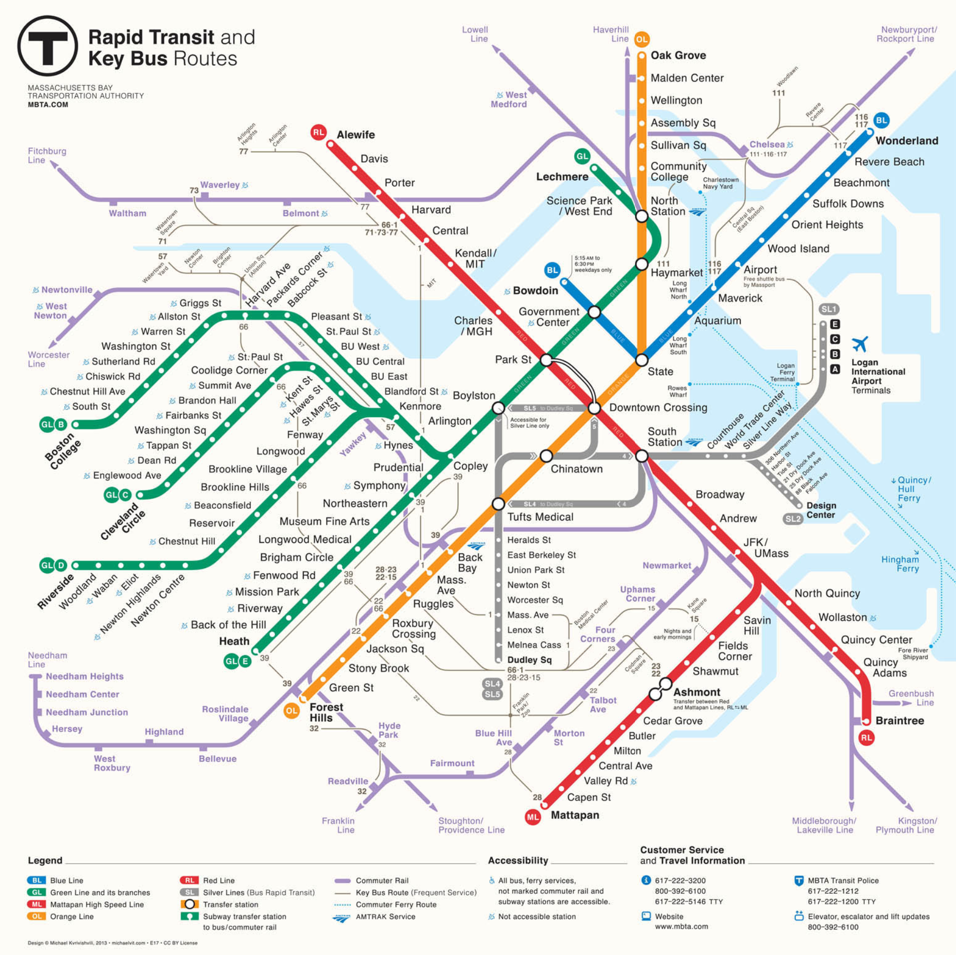 This map by Michael Kvrivishvili includes several firsts for MBTA maps, including having every bus and trolley stop labeled, showing Silver Line directional arrows. It includes Commuter Rail lines and stations in lavender, numbers of major bus routes, ferry routes, and waterways in pale blue. It notes which stations are NOT accessible instead of which ones ARE.