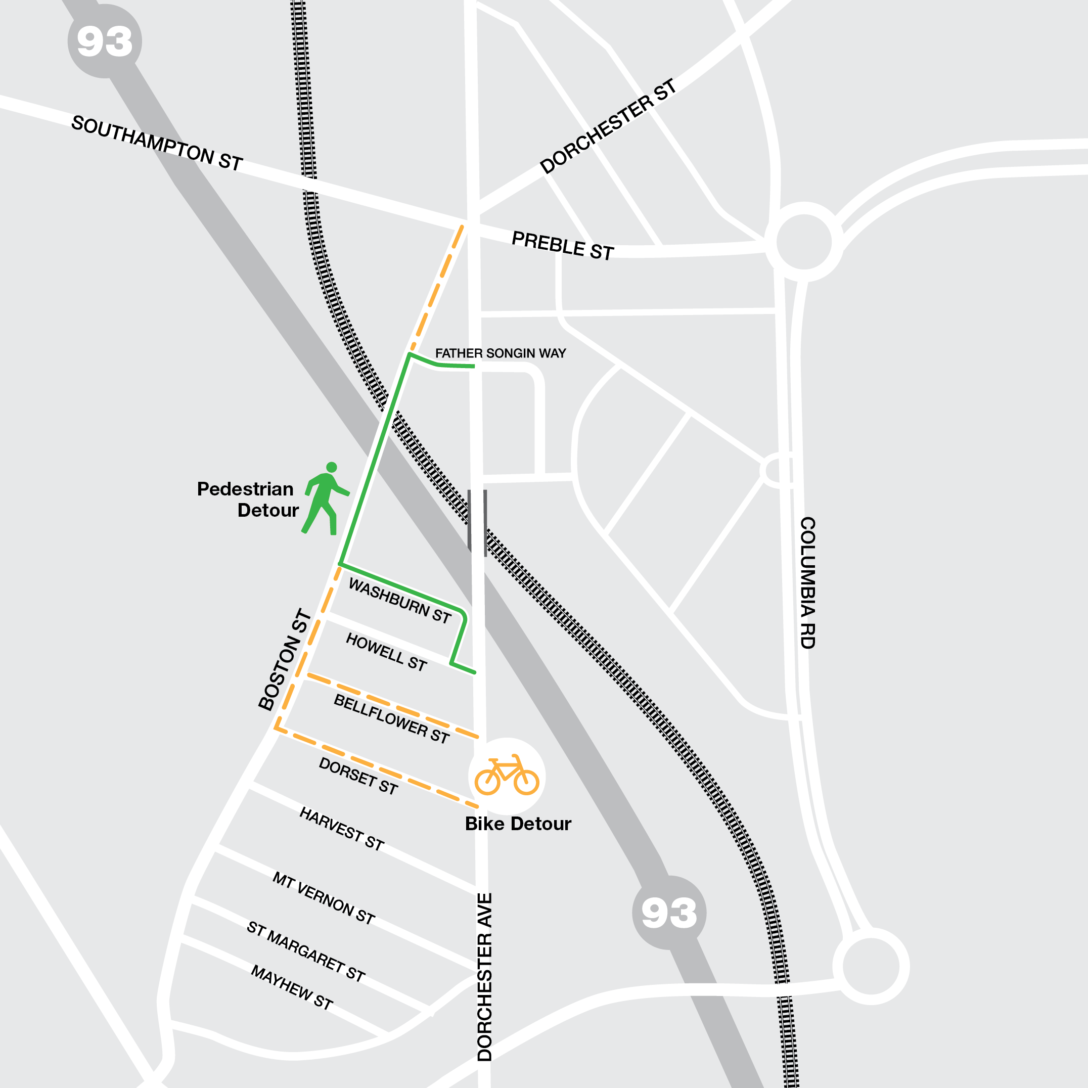 This map shows the pedestrian detour in green. It begins at Father Songin Way and Dorchester Avenue, turns left on Boston Street, and left again on Washburn Street, which curves around to Howell St. A left on Howell ends up at Dorchester Ave below the bridge closure. The Bike detour in gold starts at Southampton and Dorchester, then goes down Boston St to Bellflower St or Dorset Street, both of which meet up with Dorchester Avenue below the bridge.