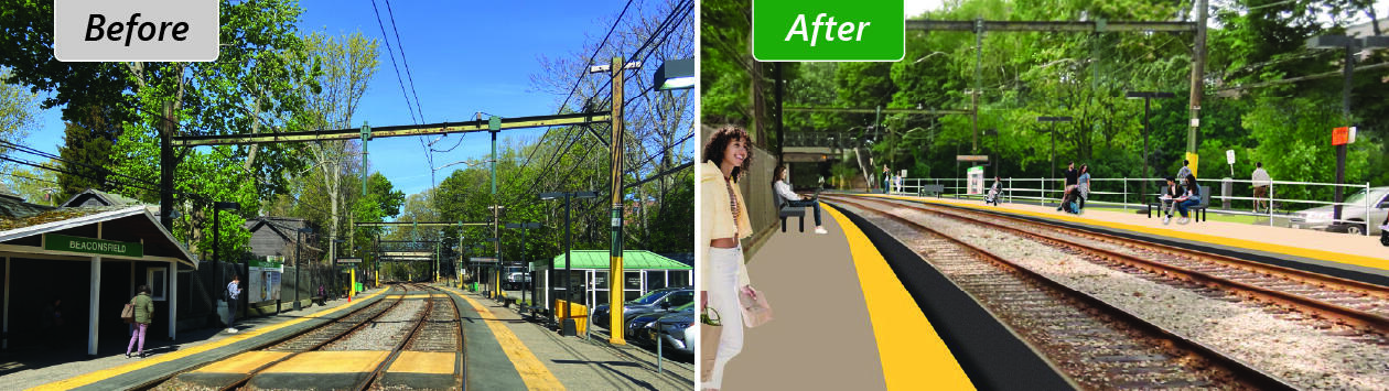 Current conditions at Beaconsfield (left) and a conceptual rendering of the improved Beaconsfield Station (right).