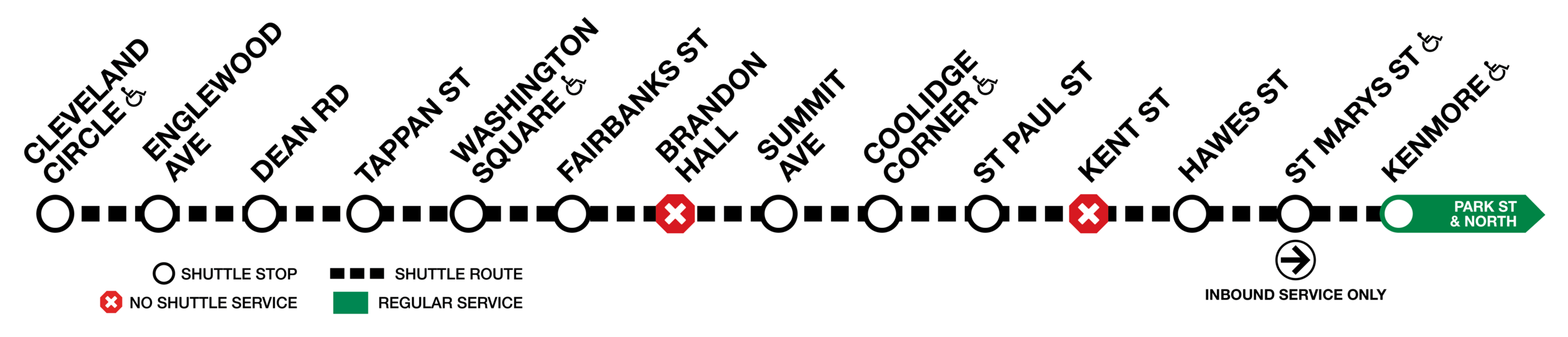 C Branch shuttle route between Kenmore and Cleveland Circle. Shuttles stop at Kenmore, St. Marys street, Hawes street, St. Paul street, Coolidge Corner, Summit Avenue, Fairbanks street, Washington square, Tappan street, Dean road, Englewood avenue, Cleveland Circle. Stops with no shuttle service include Kent street and Brandon Hall