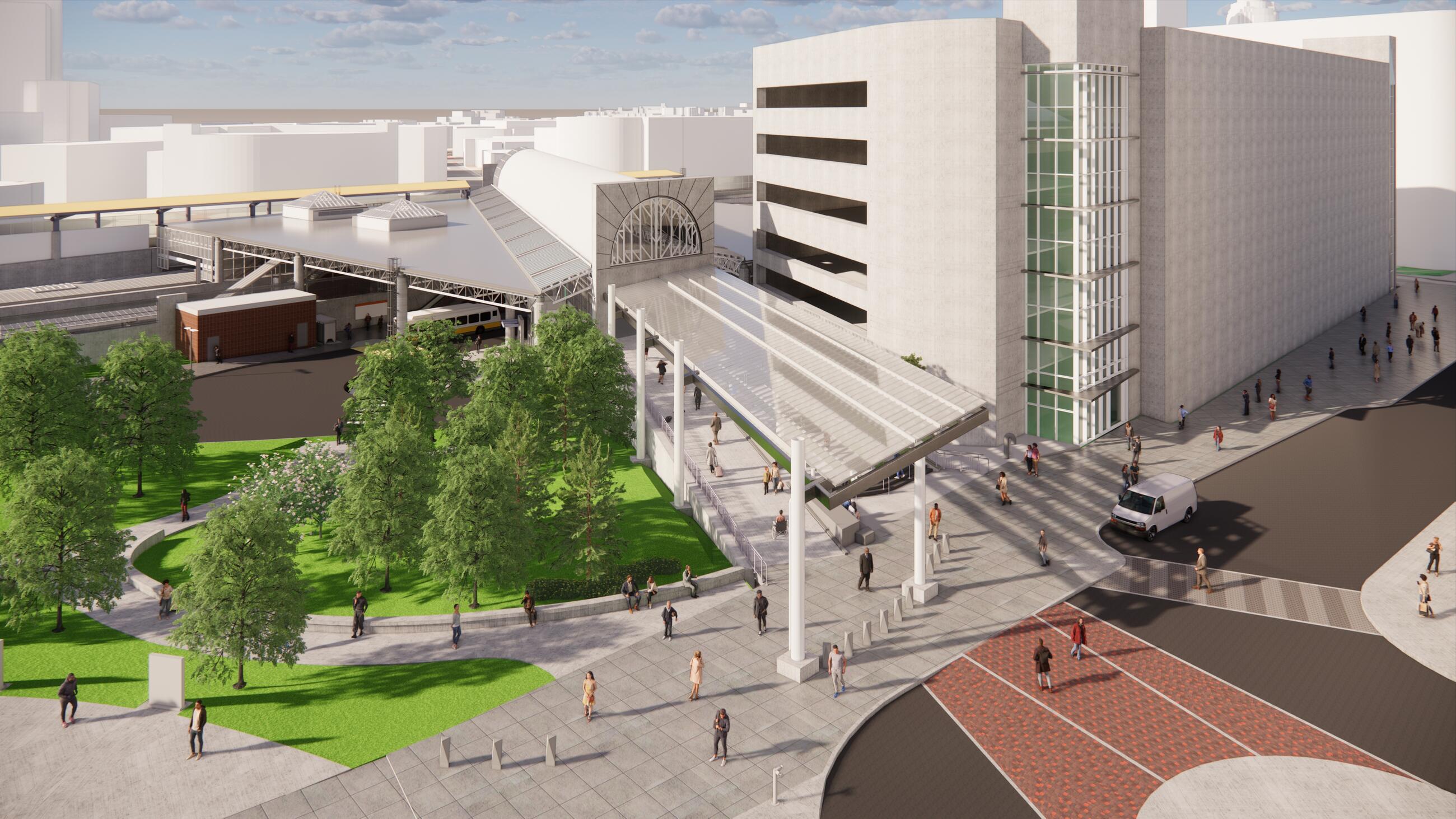Computer rendering of new Columbus Ave entrance at Ruggles Station, aerial viewpoint