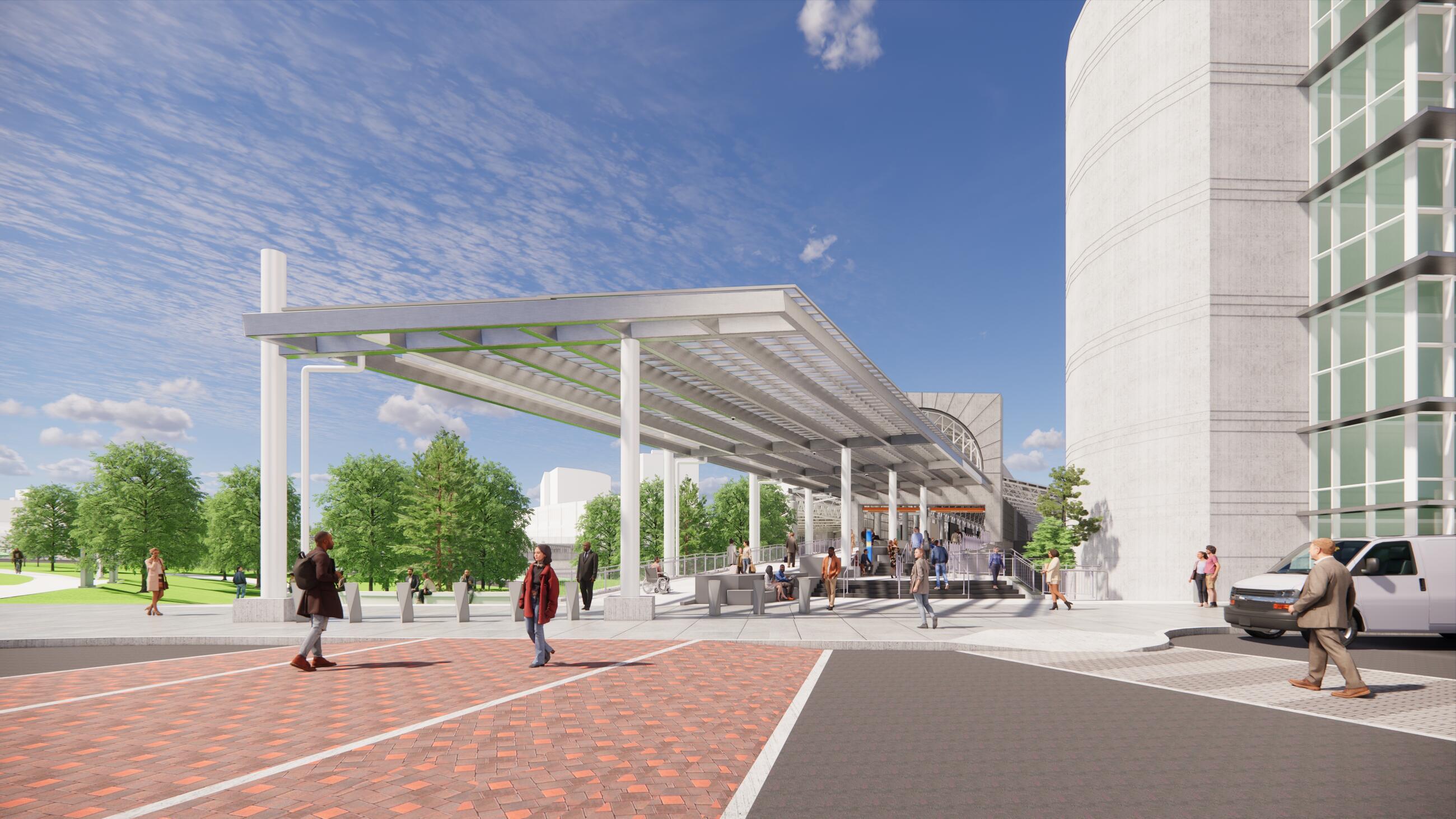 Computer rendering of Ruggles Station viewed from Columbus Ave with pedestrian walkways