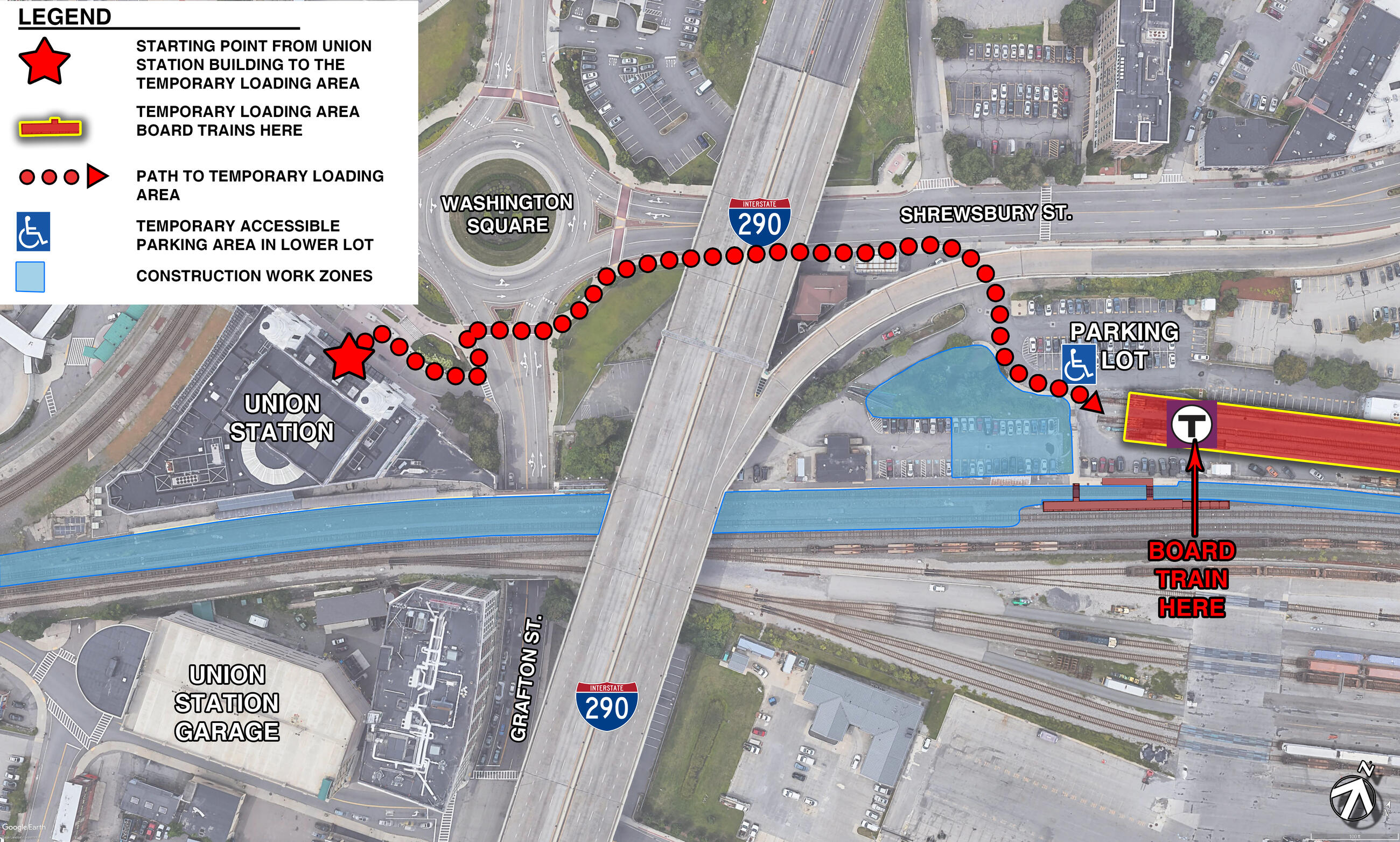 A map of the walking path from Worcester Union Station to the temporary boarding area during construction from Oct. 3 to Nov. 18, 2022.