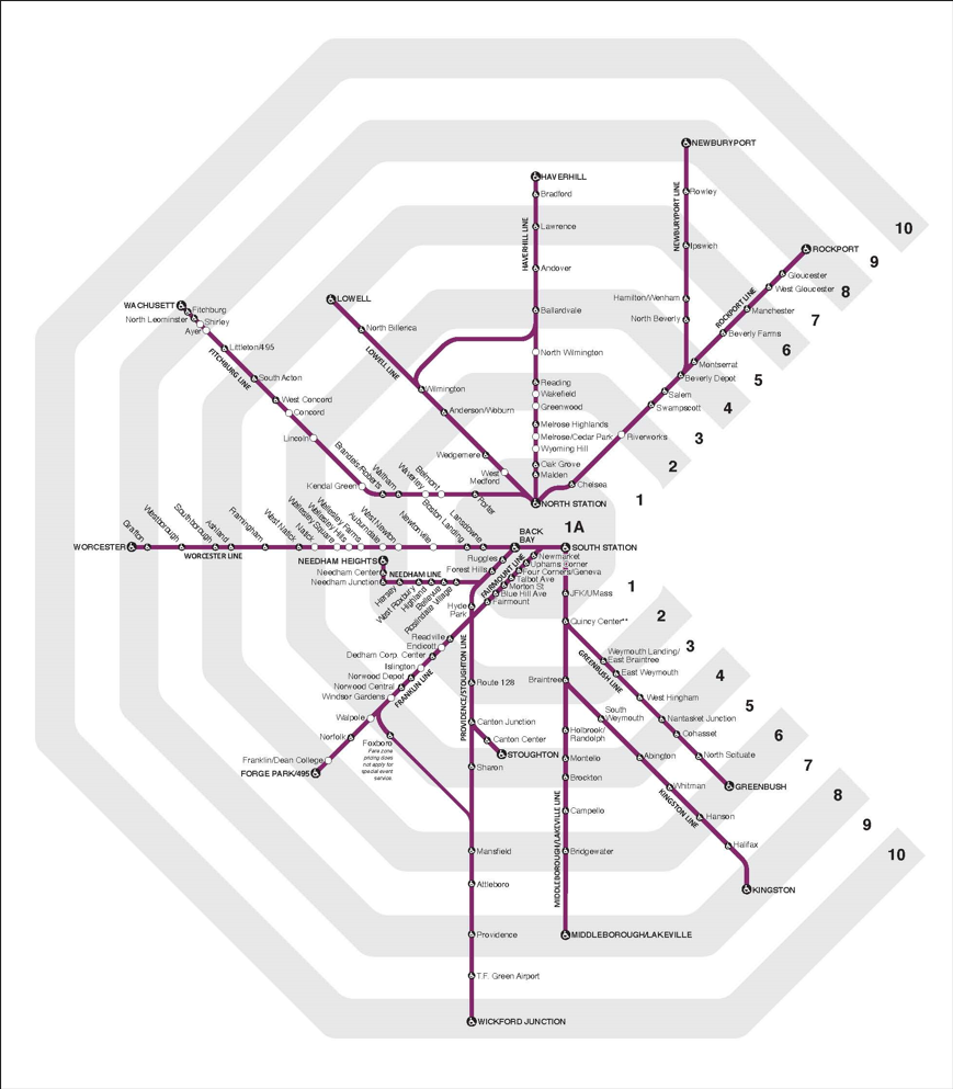 Map of all Commuter Rail lines, with shading to indicate which fare zone each station is in