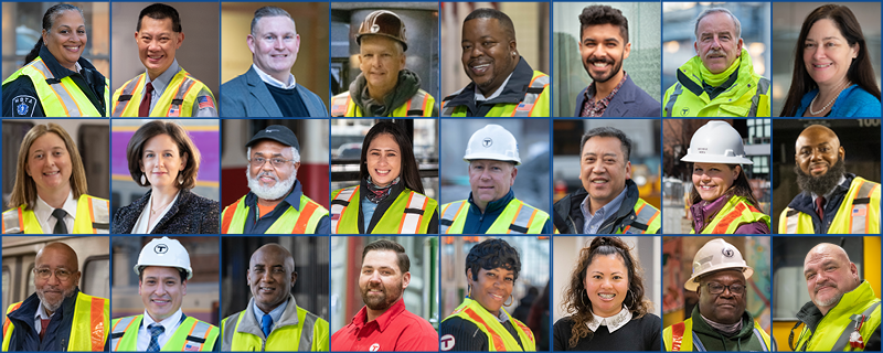 Collage of various MBTA staff in their work uniforms 