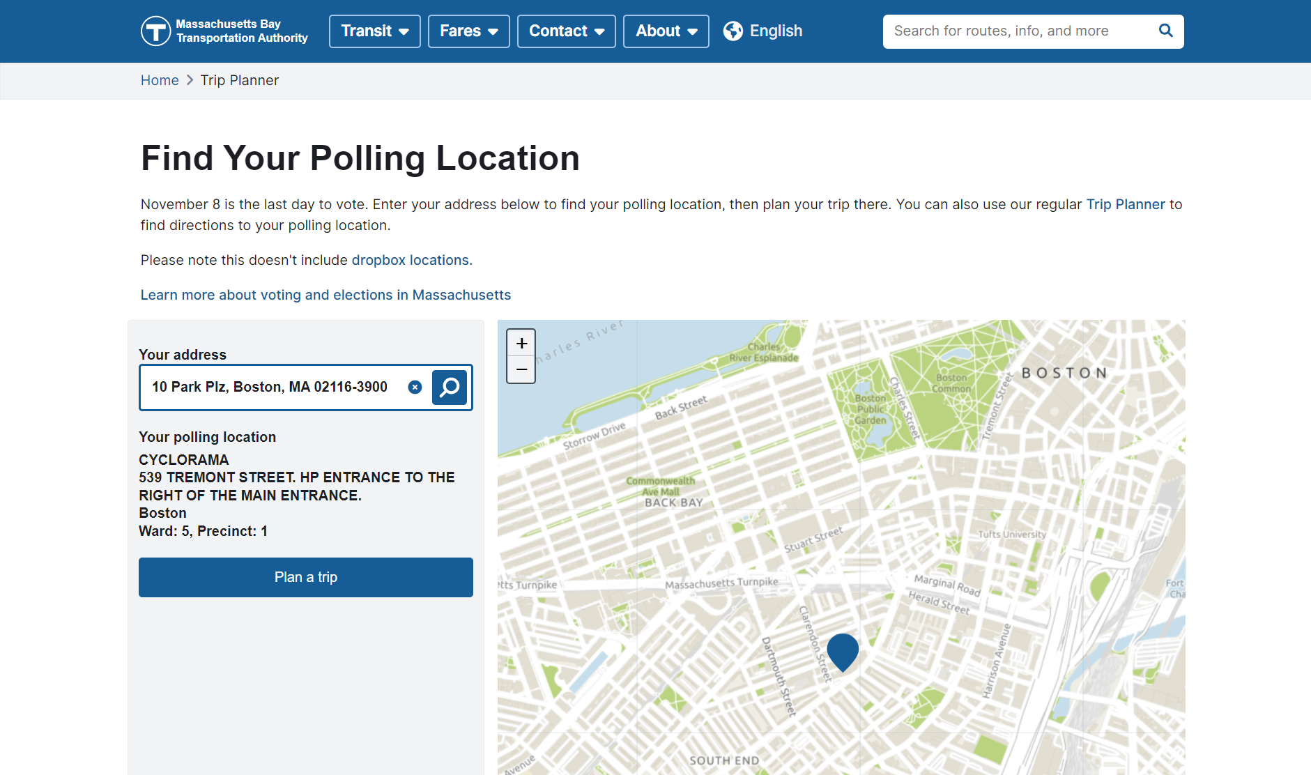 Residents can enter their home address within the online Find Your Polling Location tool to display the best travel route by MBTA transit mode to their local polling location.