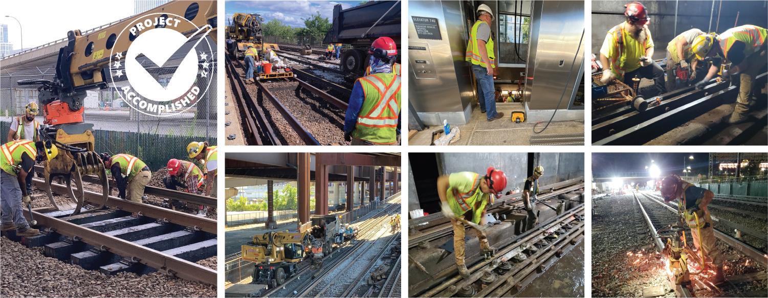 seven photos of crew members doing work on various parts of the orange line