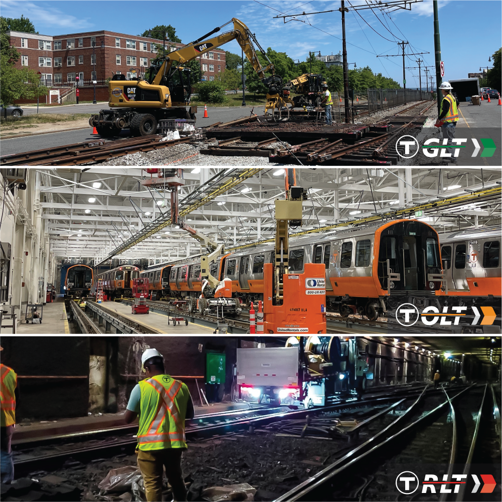 a photo of green line construction work above a photo of orange line trains inside a vehicle facility and a photo of crews working on the red line