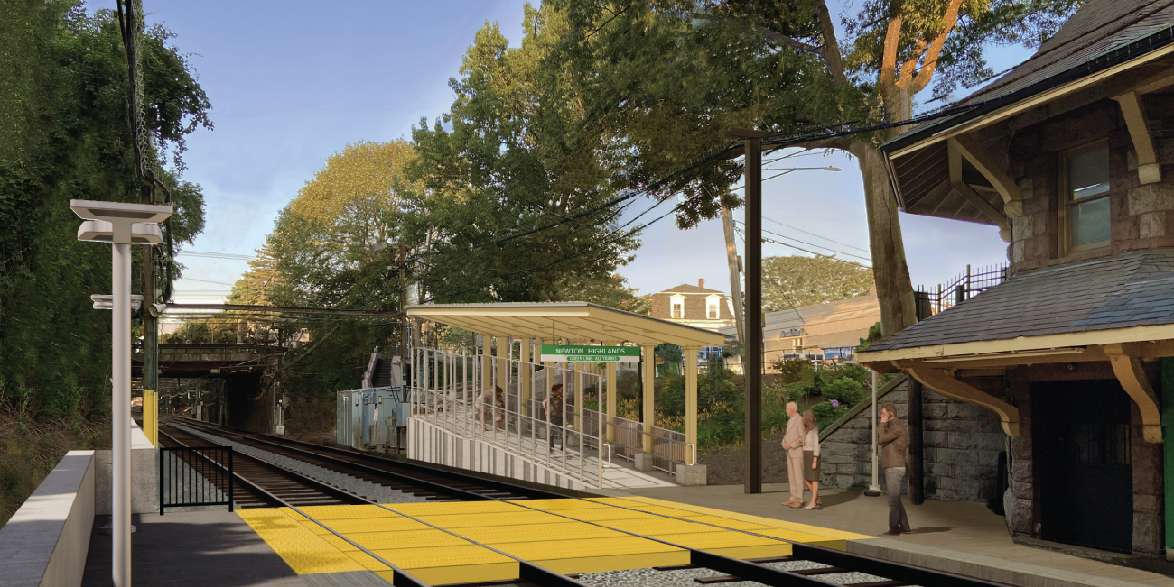 a rendering of future accessible ramp at newton highlands station platform