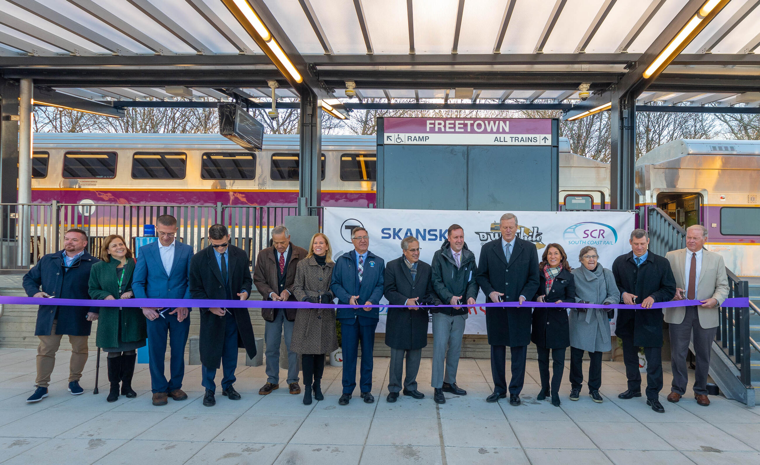 Governor Baker, MassDOT Secretary Tesler, and MBTA General Manager Poftak were joined by elected leaders and community partners to celebrate the substantial completion of the $159 million contract for South Coast Rail Main Line construction at a ribbon-cutting event at the brand-new Freetown Commuter Rail Station.