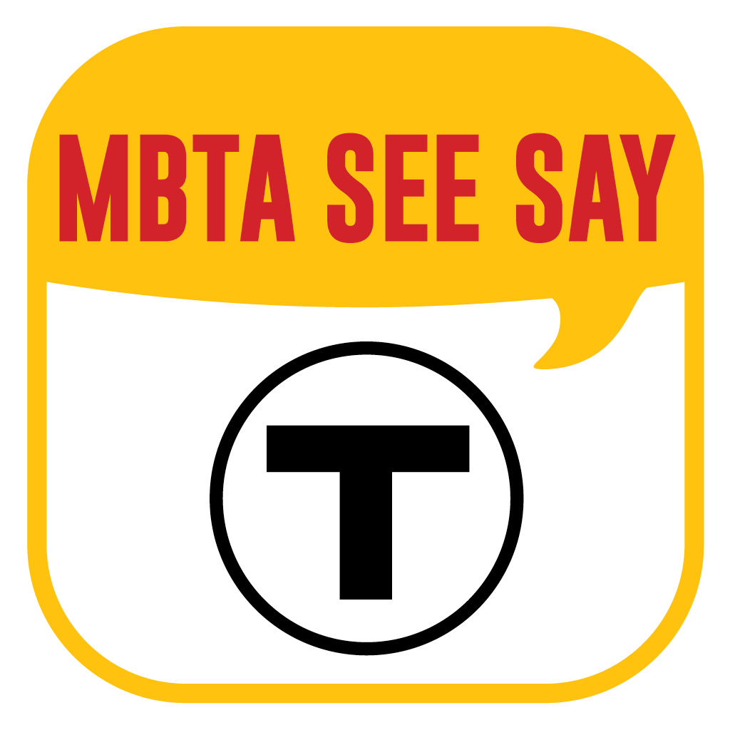 The MBTA see something say something app logo. Above the MBTA T is a yellow speech bubble that says MTA See Say.