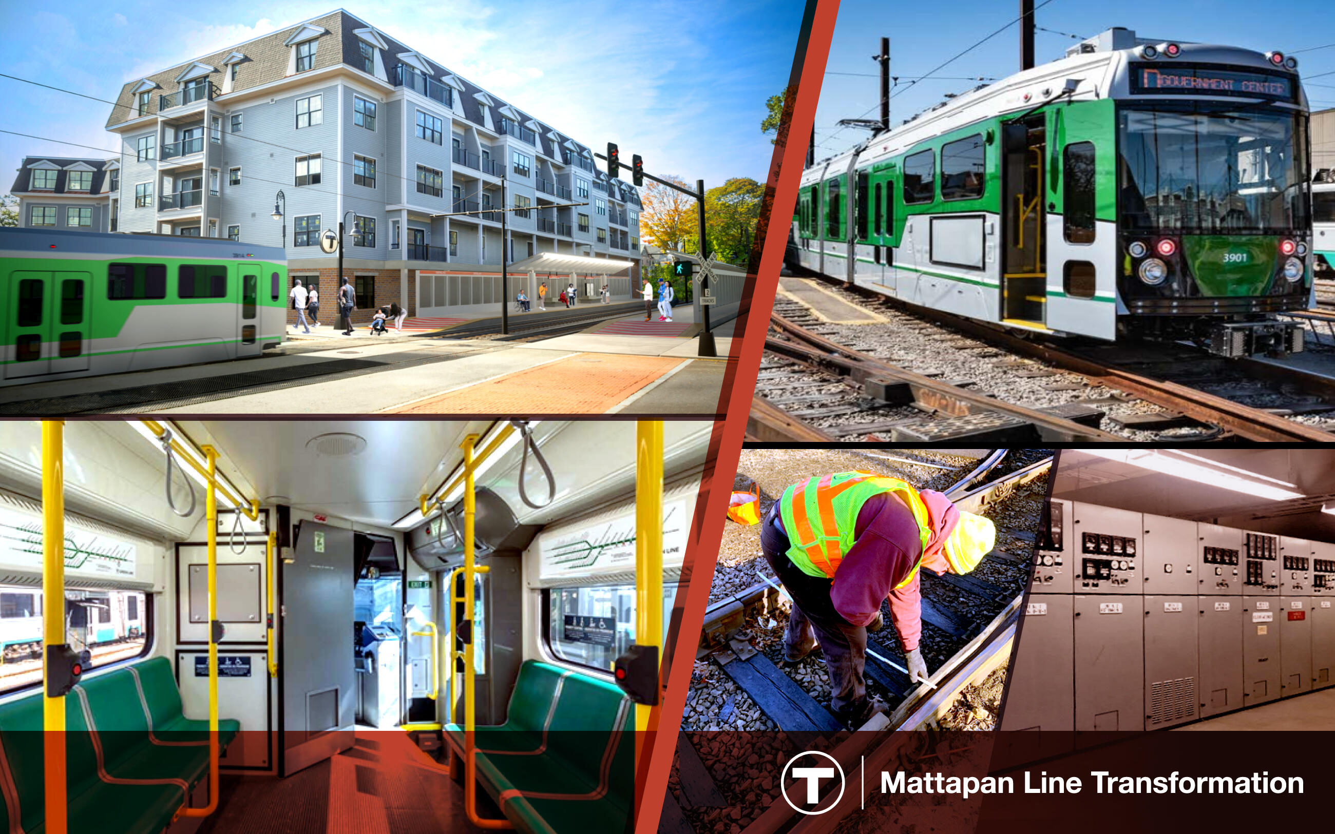collage image of workers on tracks, green line train, and new building