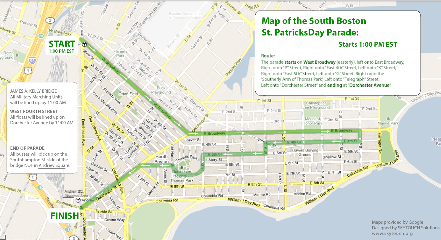 A screenshot of the route for Boston's 2023 St. Patrick's Day parade. The parade starts on West Broadway (easterly), left onto East Broadway, right onto P street, right onto east 4th street, left onto K street, right onto East 5th street, left onto G street, right into the southerly arm of Thomas Park, left onto telegraph street, left onto Dorchester street, and ending at Dorchester Avenue.