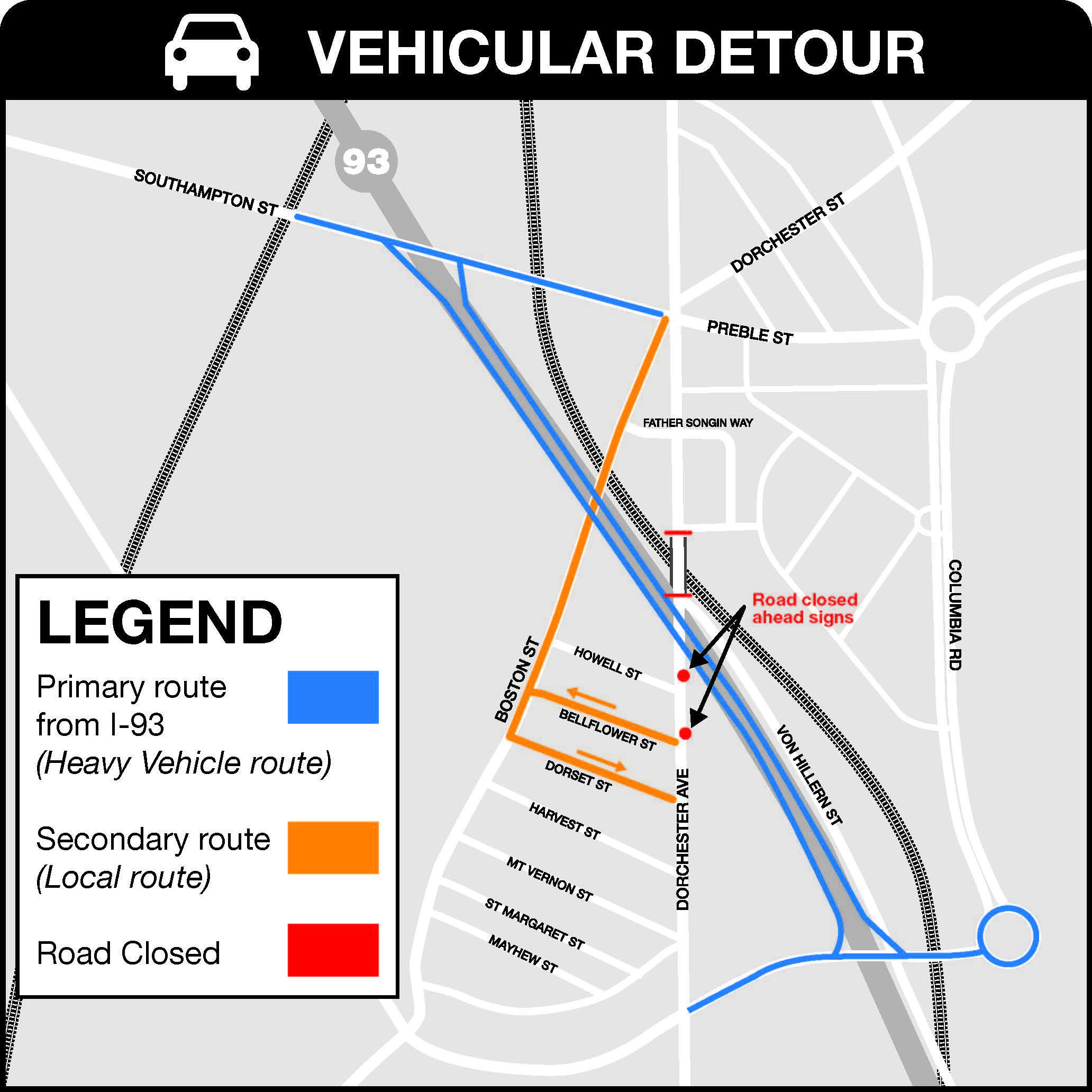 map of detour for Dorchester Ave Bridge closure
