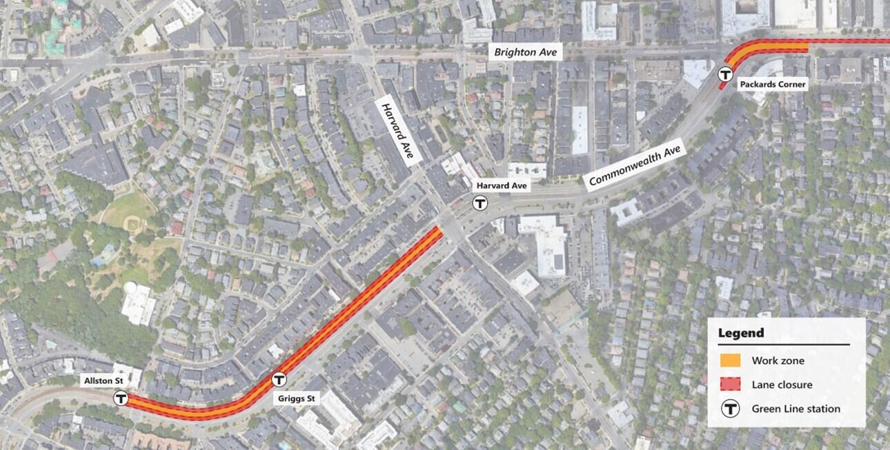 Full depth track replacement work will take place at Packard’s Corner and from Harvard Avenue to Allston Street.