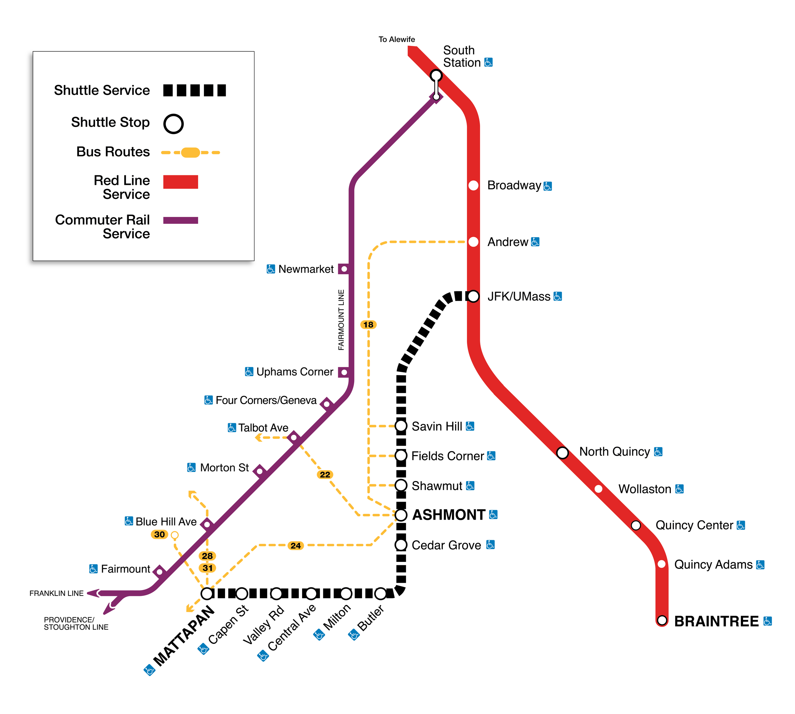 Subway map of shuttle bus stops for the Mattapan Trolley and Ashmont Red Line service shutdown. Shuttle buses stop at or near the following stations: Mattapan, Capen Street, Valley Road, Central Avenue, Milton, Butler, Cedar Grove, Ashmont, Shawmut, Fields Corner and Savin Hill for service to JFK UMass.