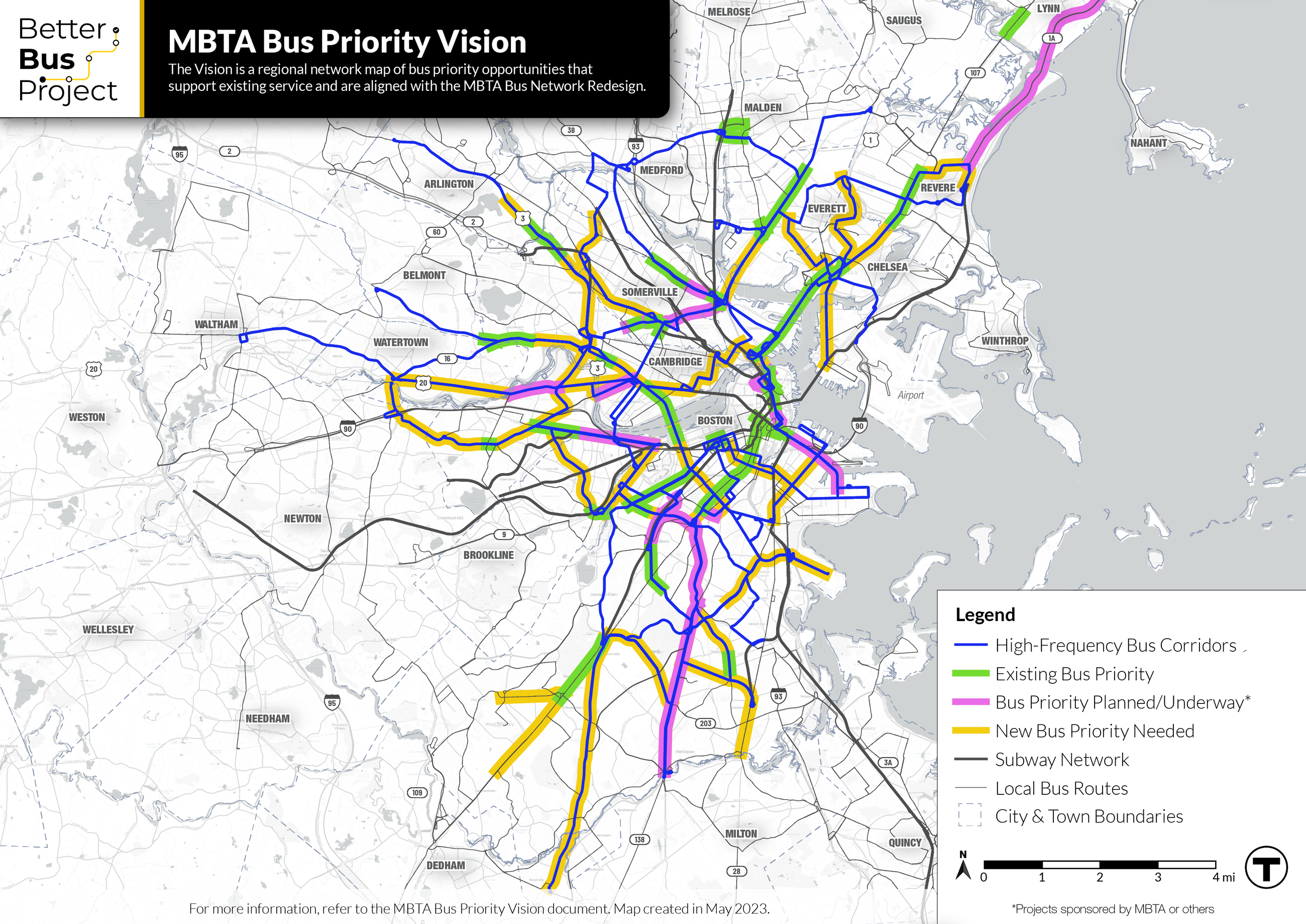 map outlining major transit corridors for the Bus Priority Vision map