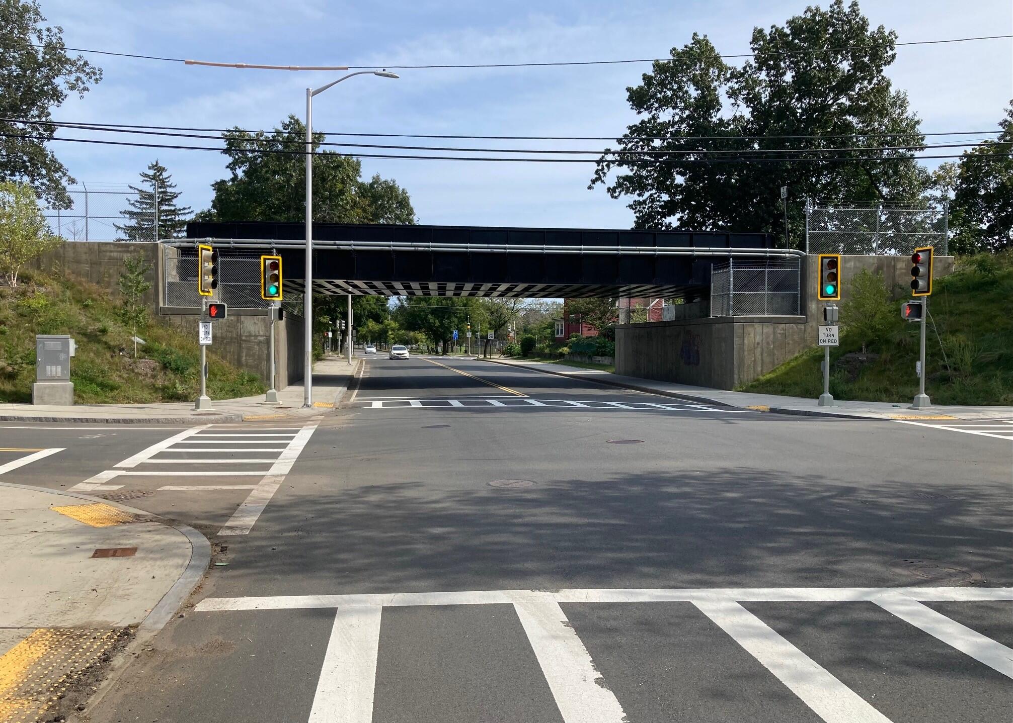 Street view of the completed Lynn Fells Bridge