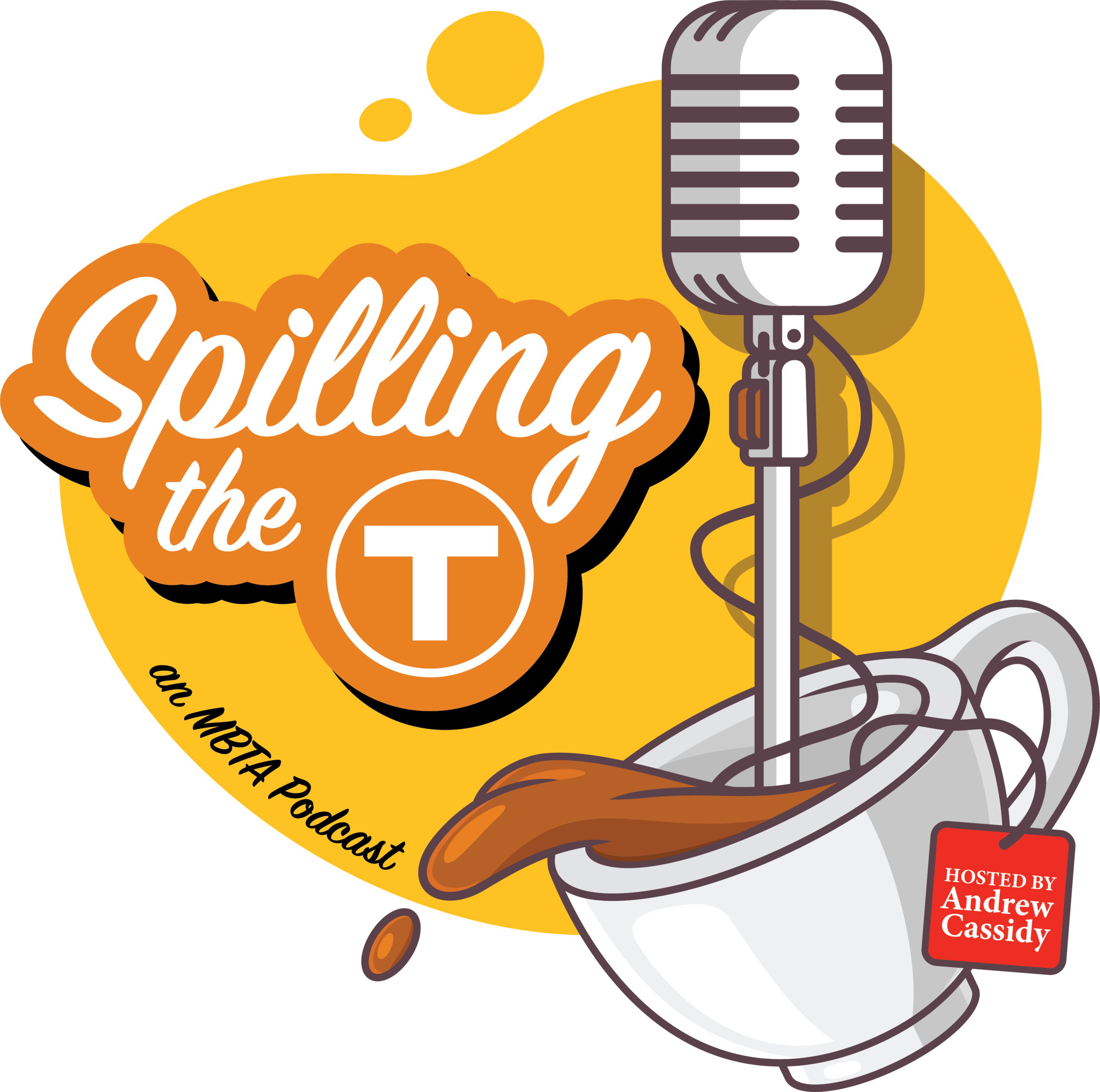 an image of a microphone and a spilt cup of tea, with the words Spilling the T and MBT podcast hosted by Andrew Cassidy overlayed