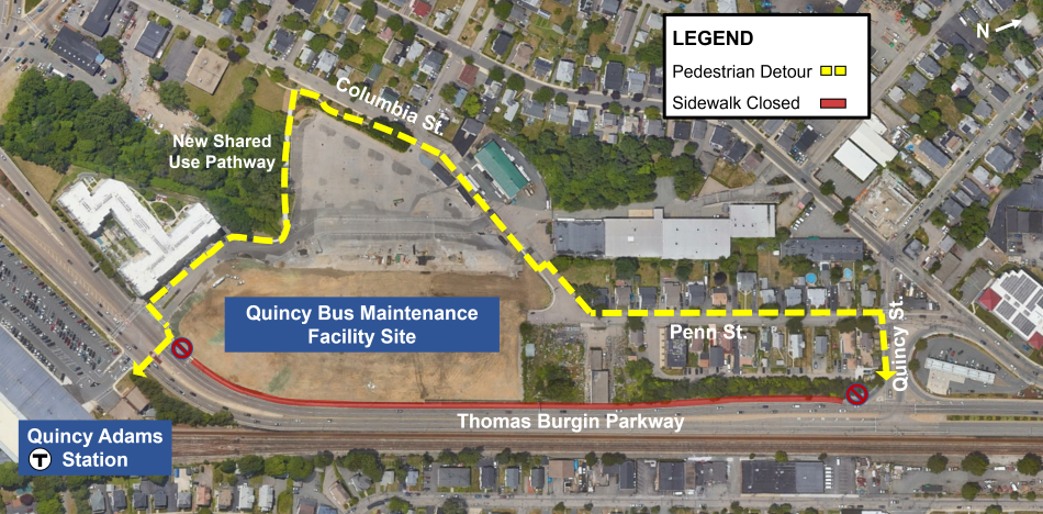 A pedestrian detour map for the construction activities happening at Quincy bus facility. A yellow dotted line on Quincy Street, Penn Street, Columbia Street, and the new shared use pathway highlights the detour route. A red line along Thomas Burgin Parkway shows that the sidewalk is closed.