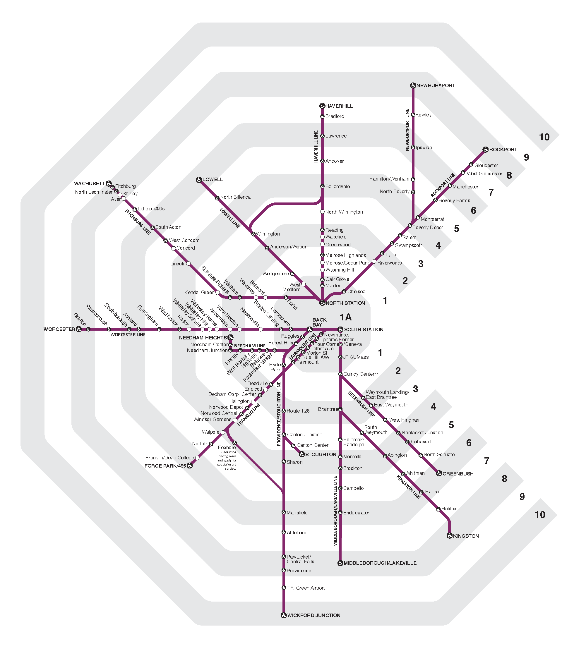 Map of commuter rail fare zones