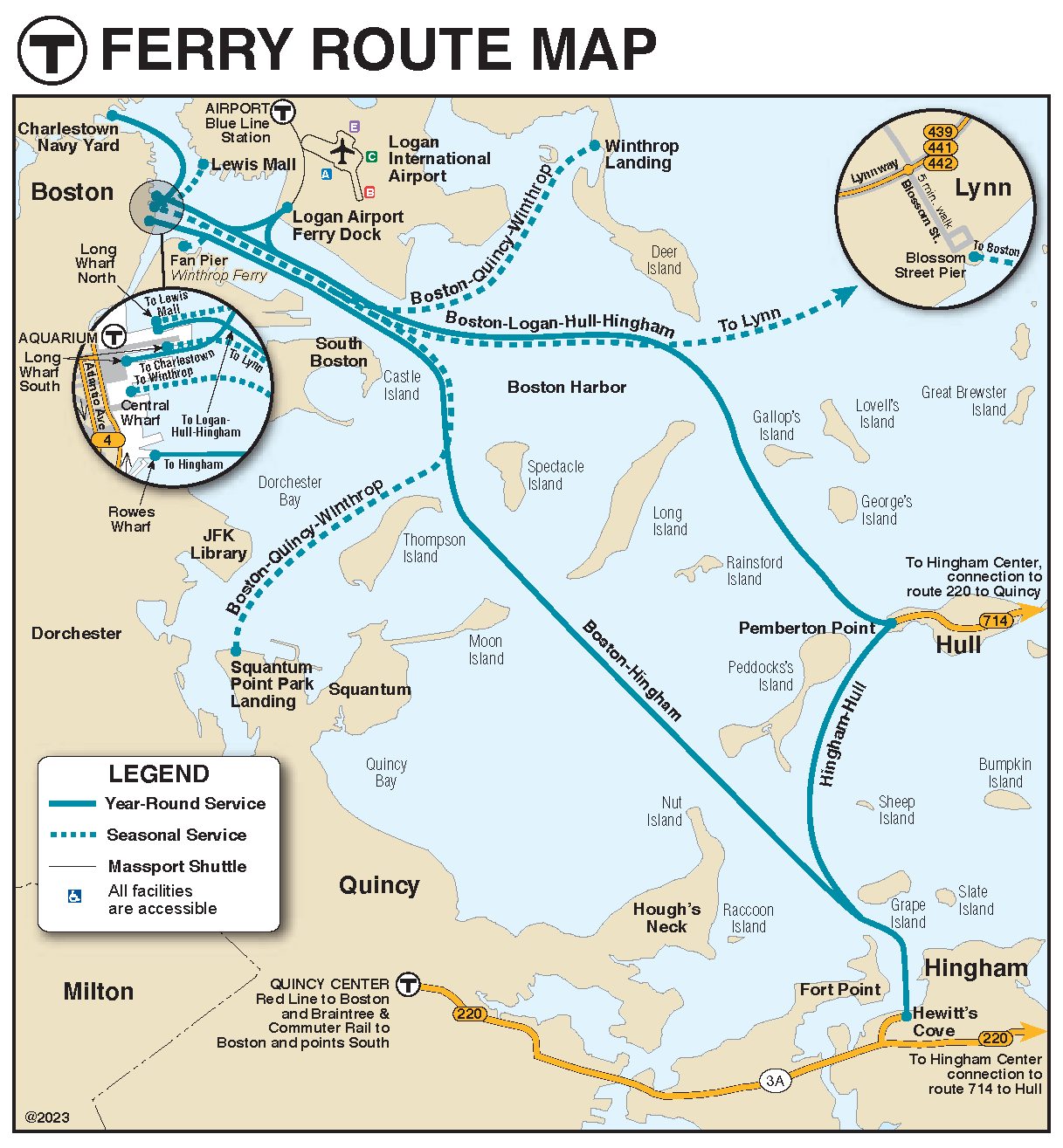 Harbor map showing both seasonal and year-round ferry routes