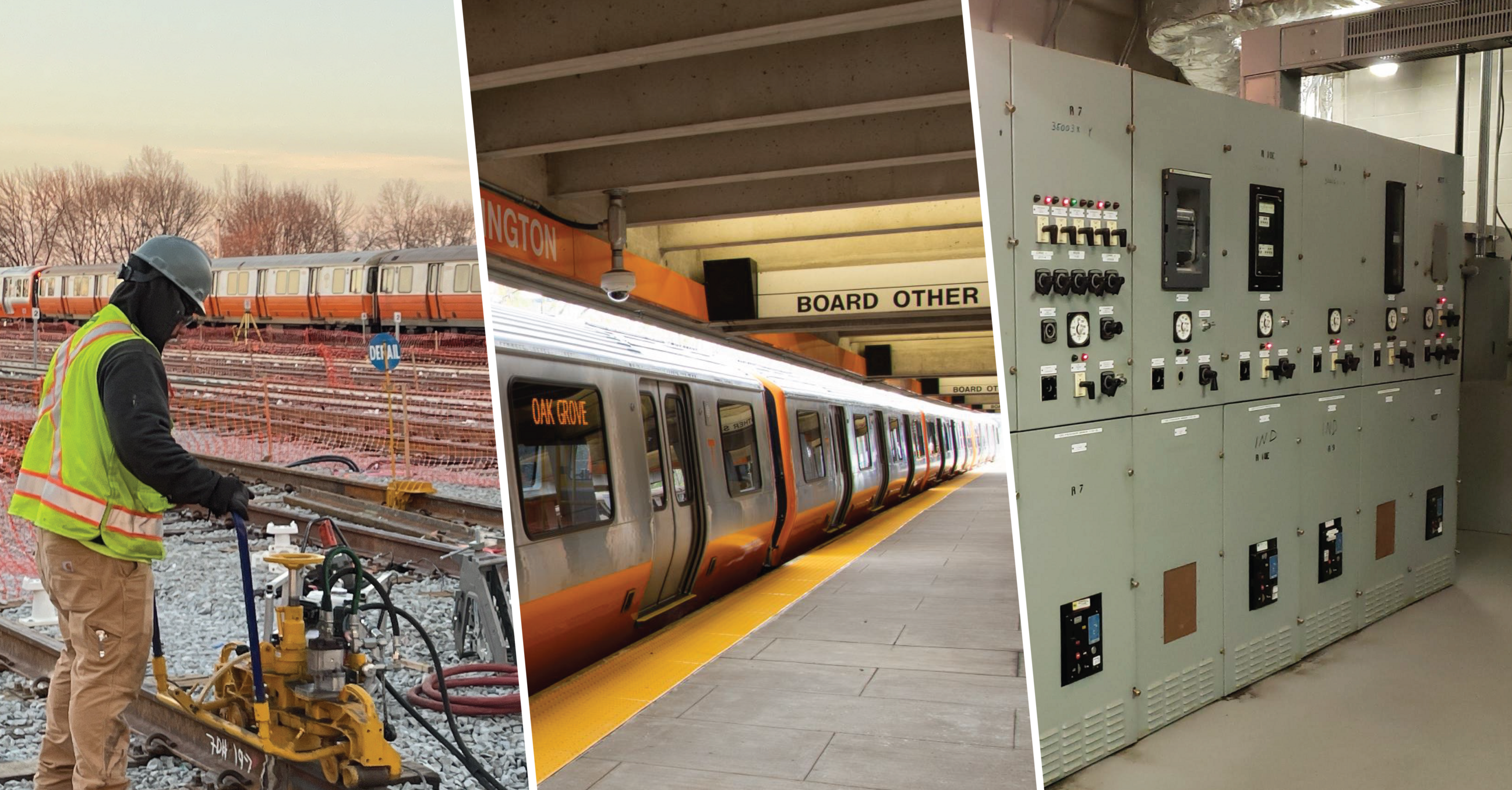 A photo of a construction worker with machinery on tracks, a photo of a new orange line train, and a photo of signal boxes