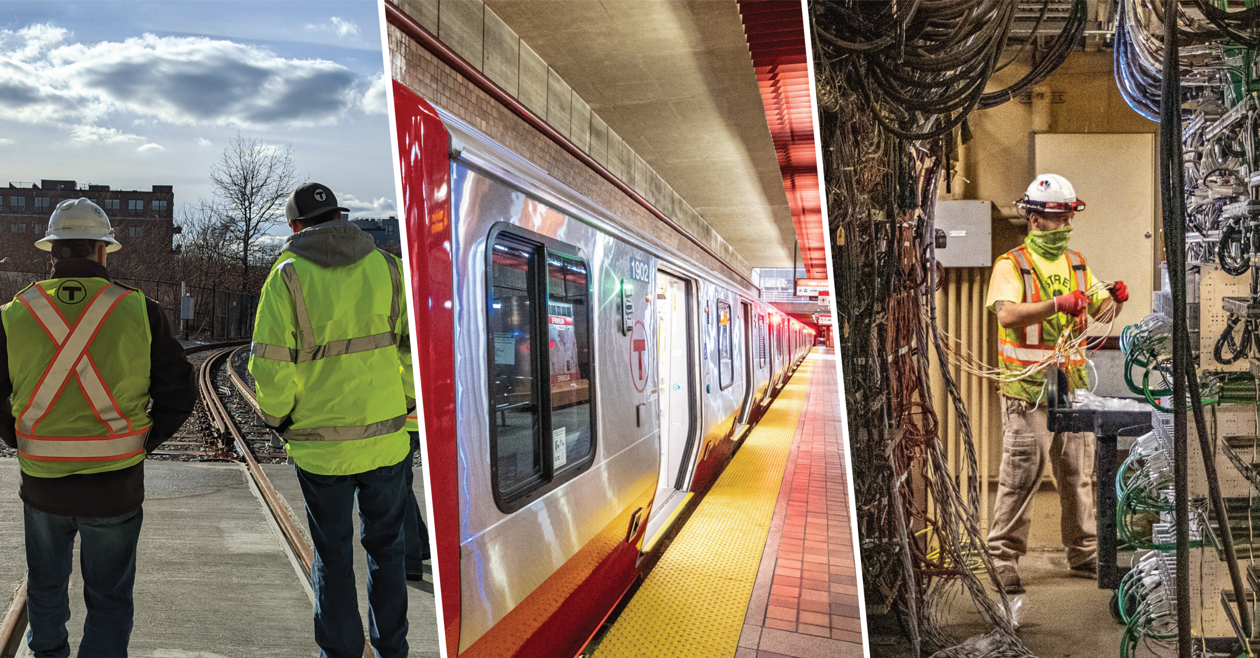 A photo of two red line construction workers, a red line train, and a crew member next to the red line signal wire stacks