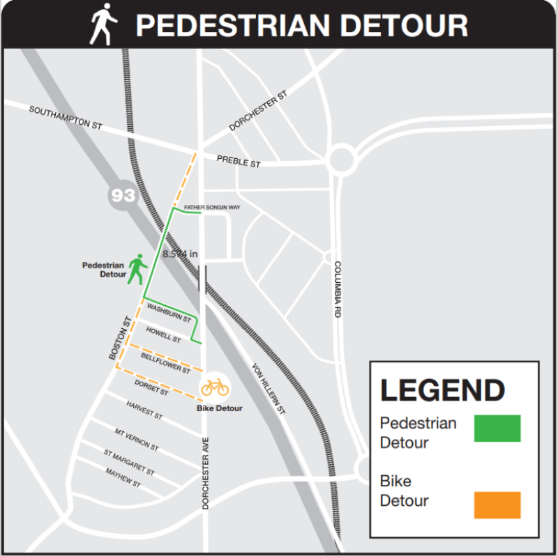 Detour map for pedestrians for Dorchester Ave Bridge closure