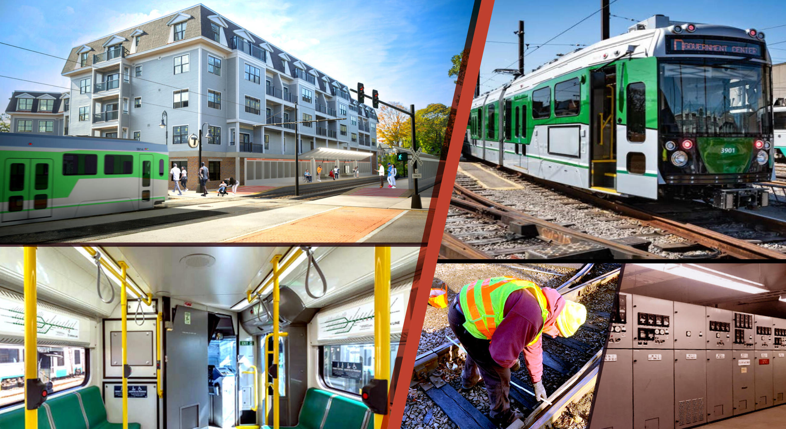 collage image of workers on tracks, green line train, and new building