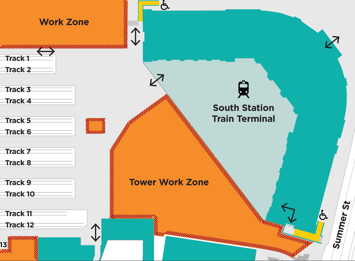 Map showing work zones and pedestrian access routes for South Station 