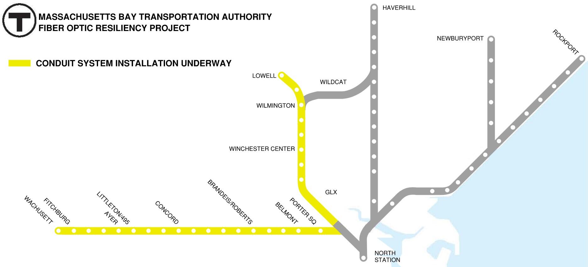 A map showing where fiber optic conduit system installation is occurring, from Wachusett, to Porter Square, to Lowell