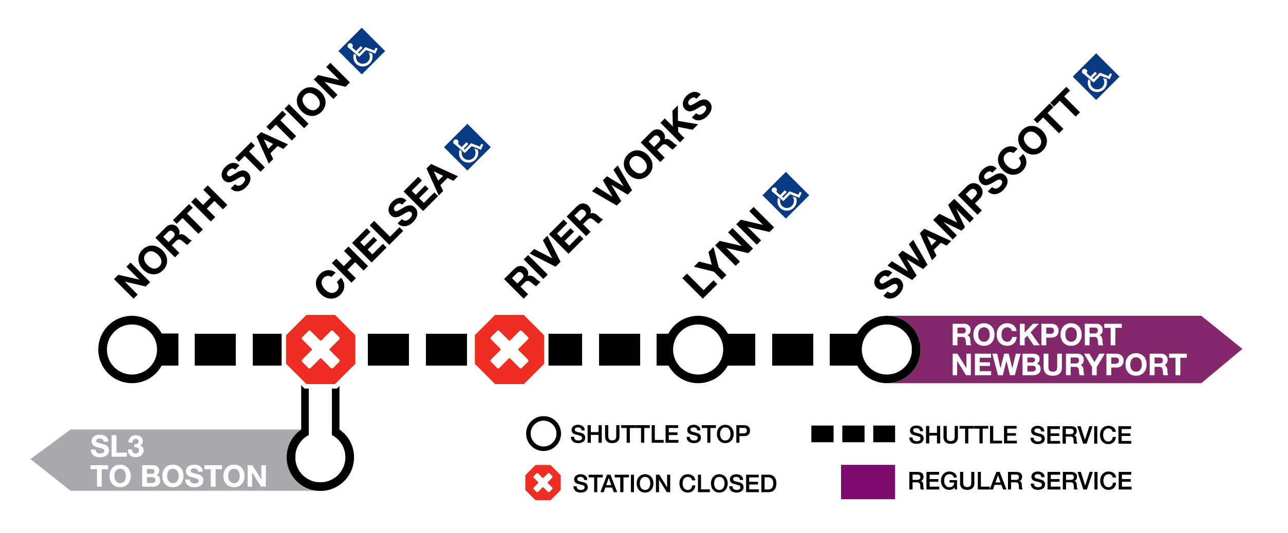 Shuttle service graphic for the Newburyport/Rockport Line closure