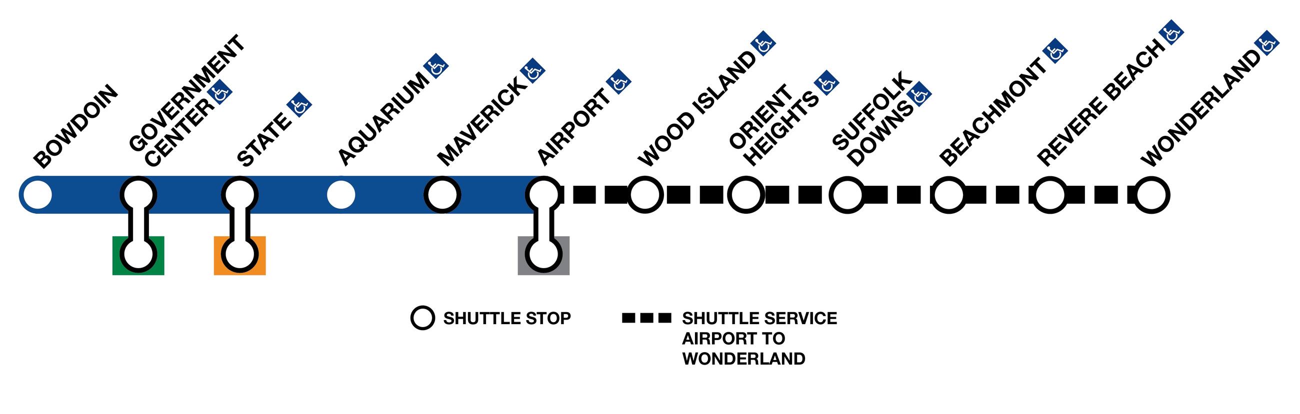Diagram showing Blue Line diversion with a shuttle stop at Airport towards Wonderland