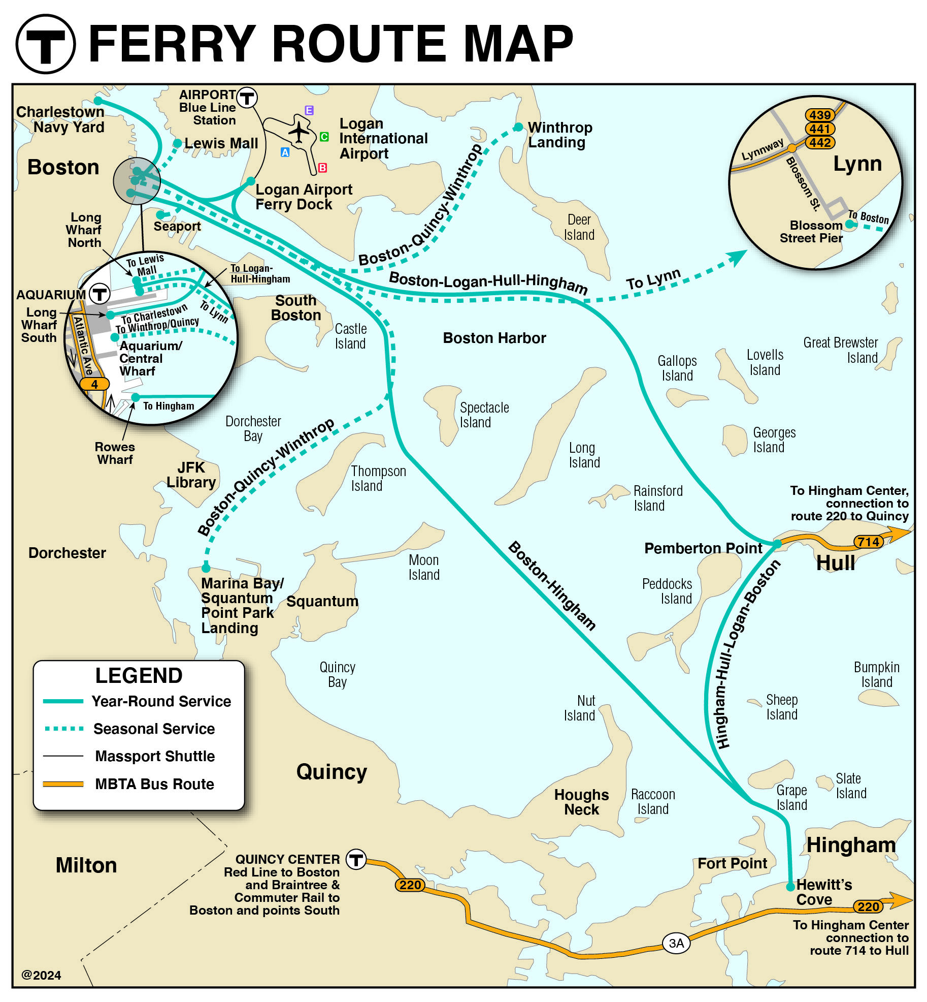 Harbor map showing both seasonal and year-round ferry routes