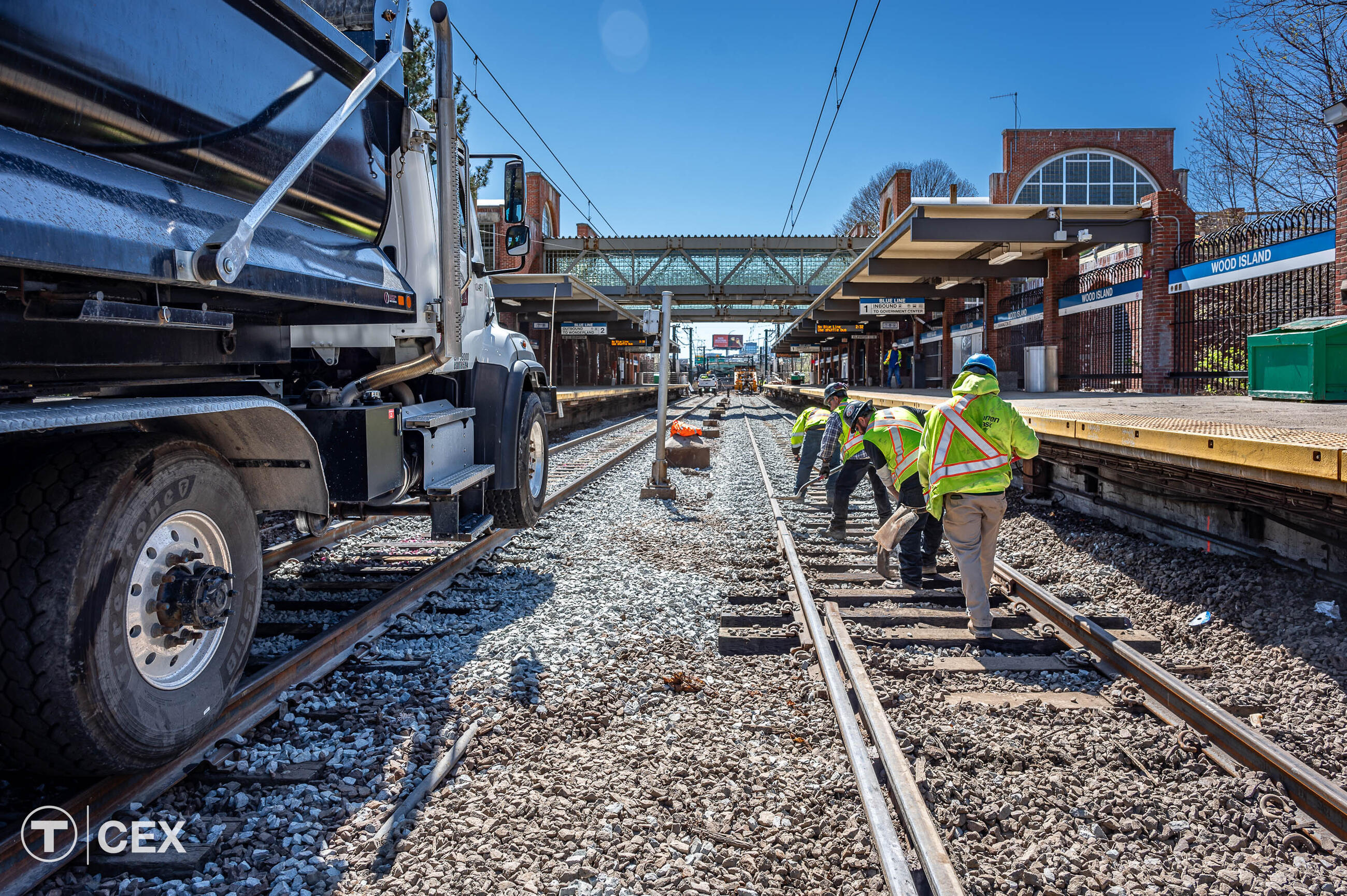 Crews performed track and tie replacement work along the Blue Line at Wood Island station. Complimentary photo by the MBTA Customer and Employee Experience Department.