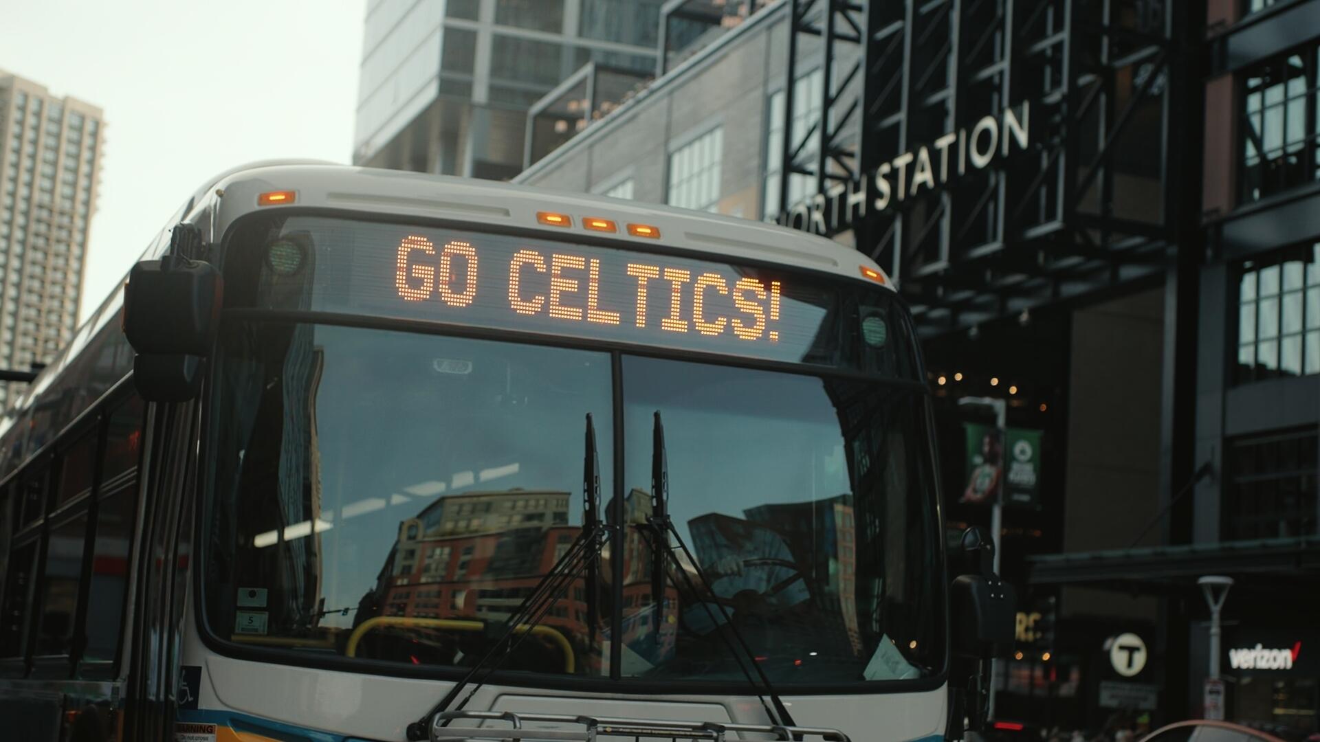 View of bus with message reading 