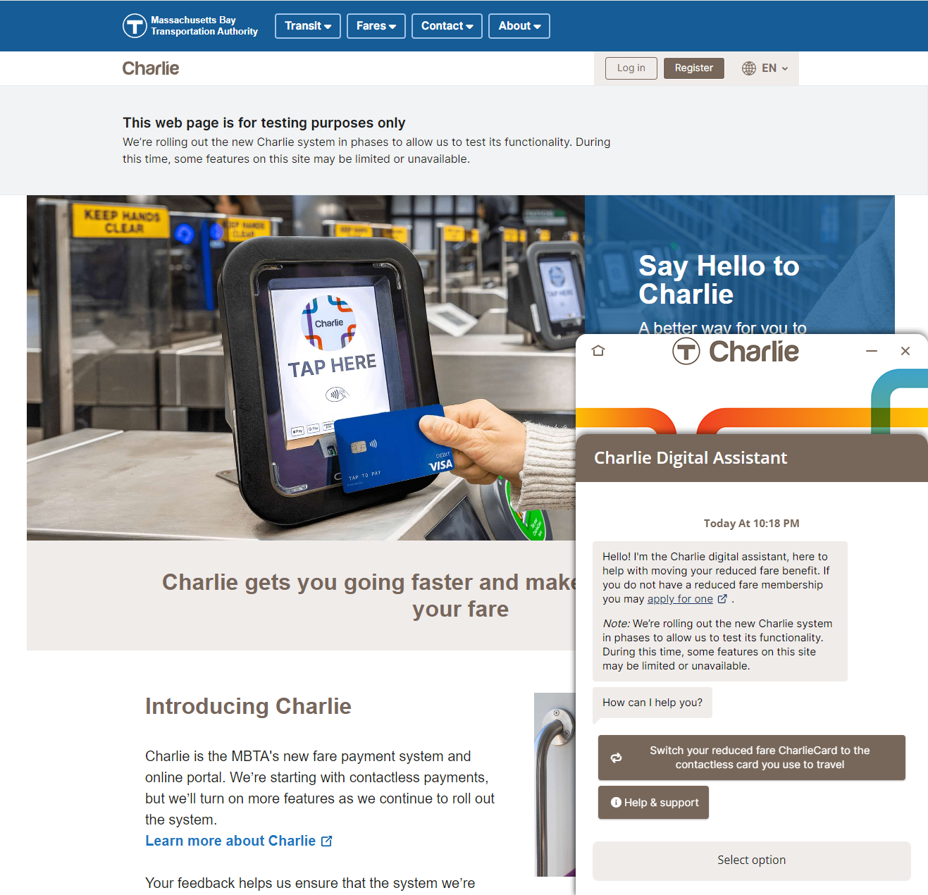 Screenshot of charlie.mbta.com the Charlie landing page and the digital assistant pop out in the bottom right corner 