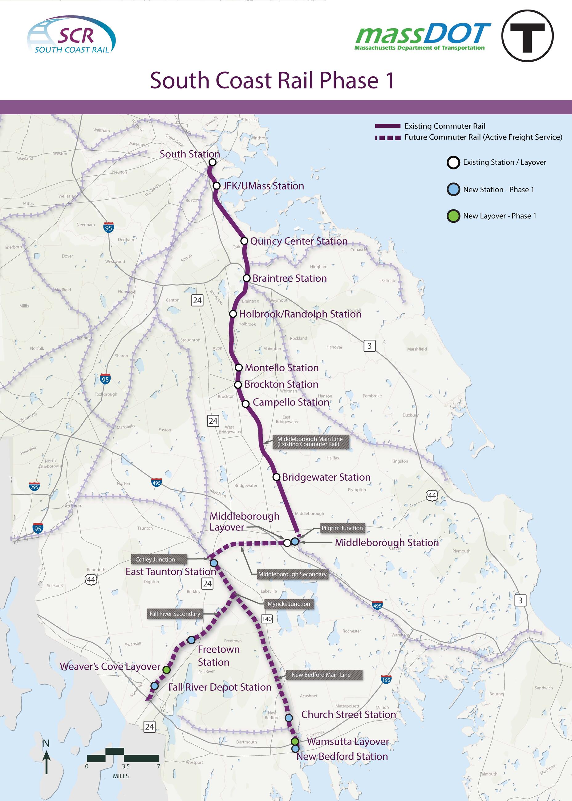 A map of the South Coast Rail Phase 1 corridor showing the Fall River Secondary, New Bedford, and Middleborough Secondary lines and stations