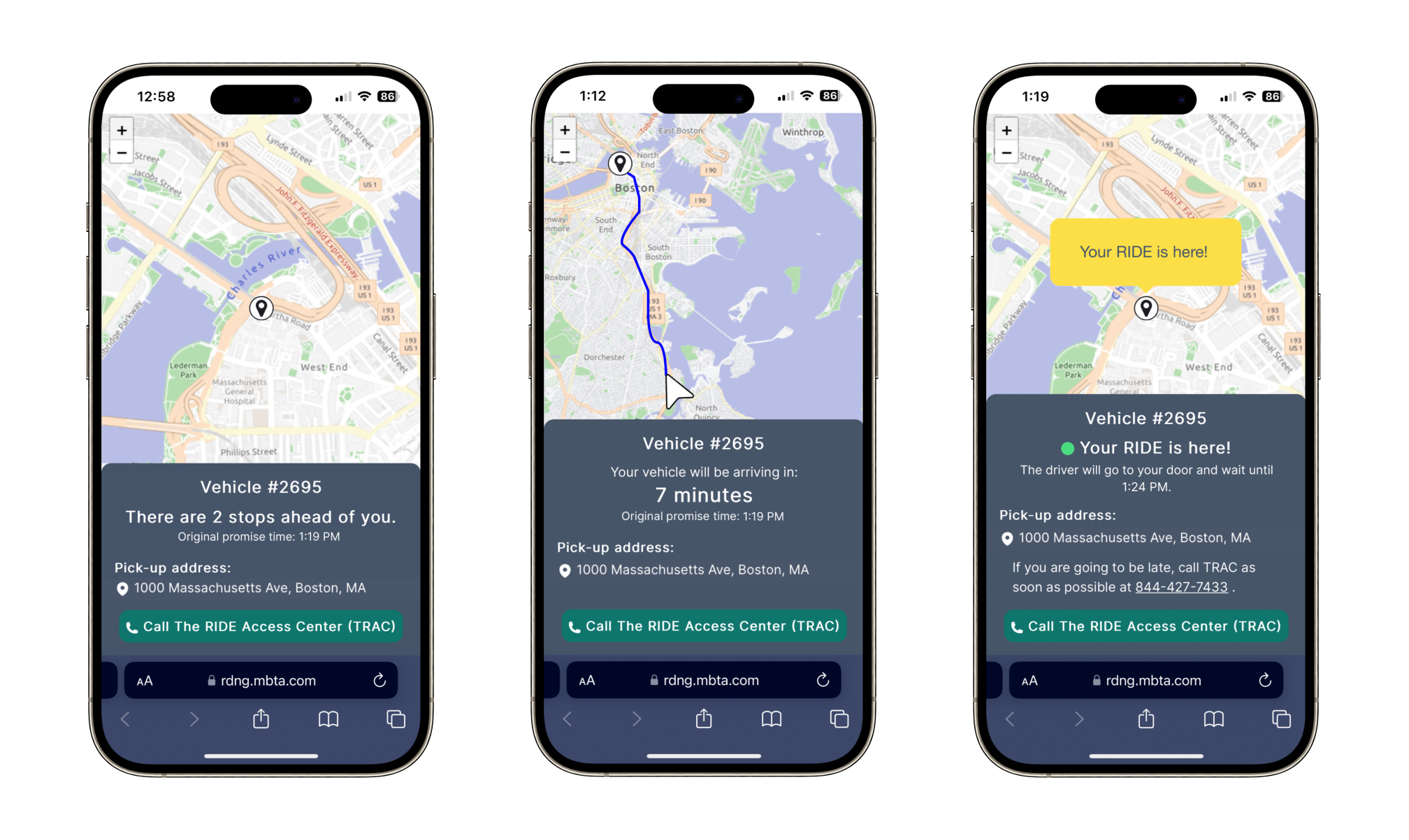 Three views of a smart phone screen track a vehicle's arrival on a map with corresponding messages