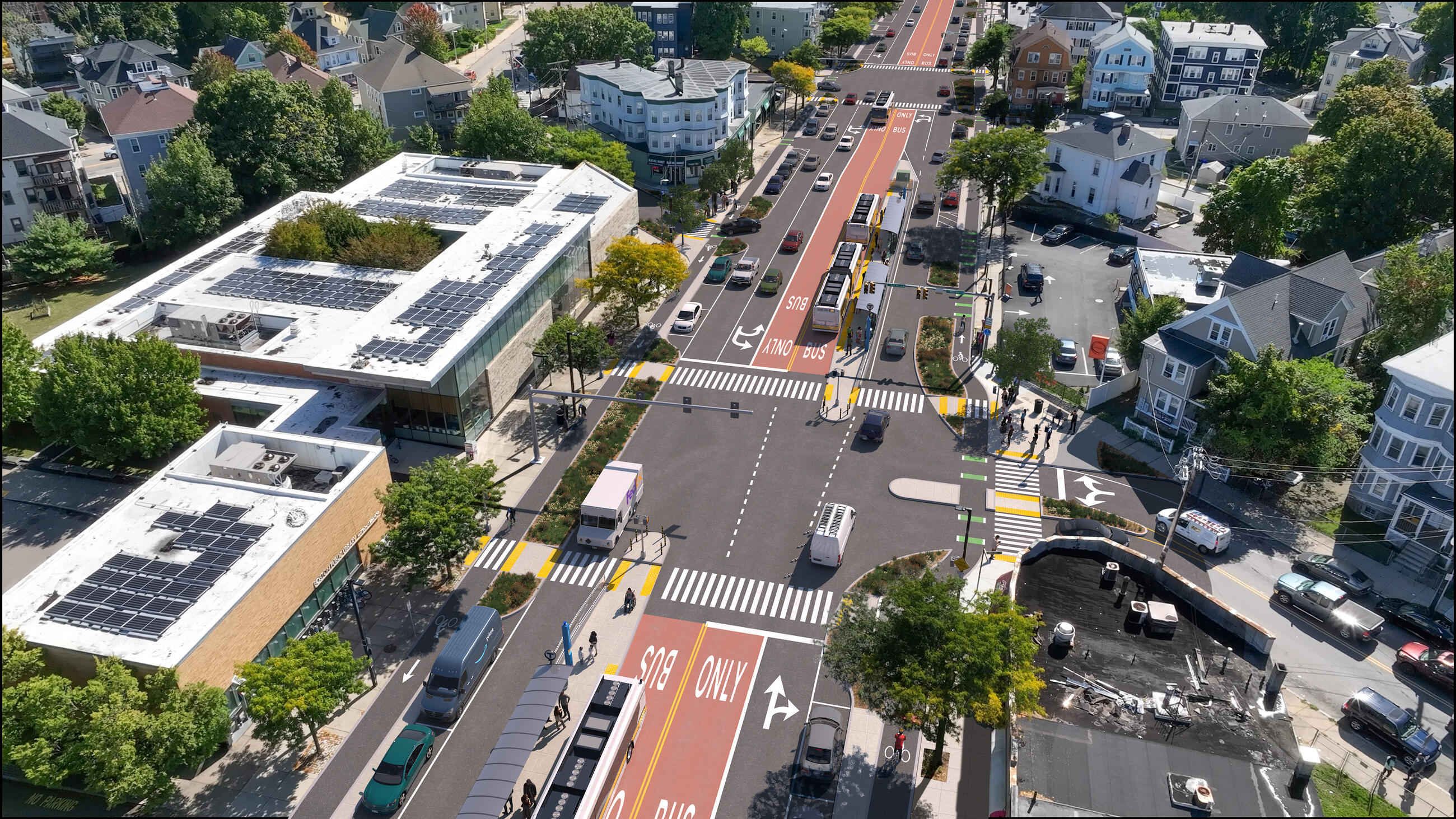 Photorealistic rendering depicting future upgrades to Blue Hill Avenue from an aerial view