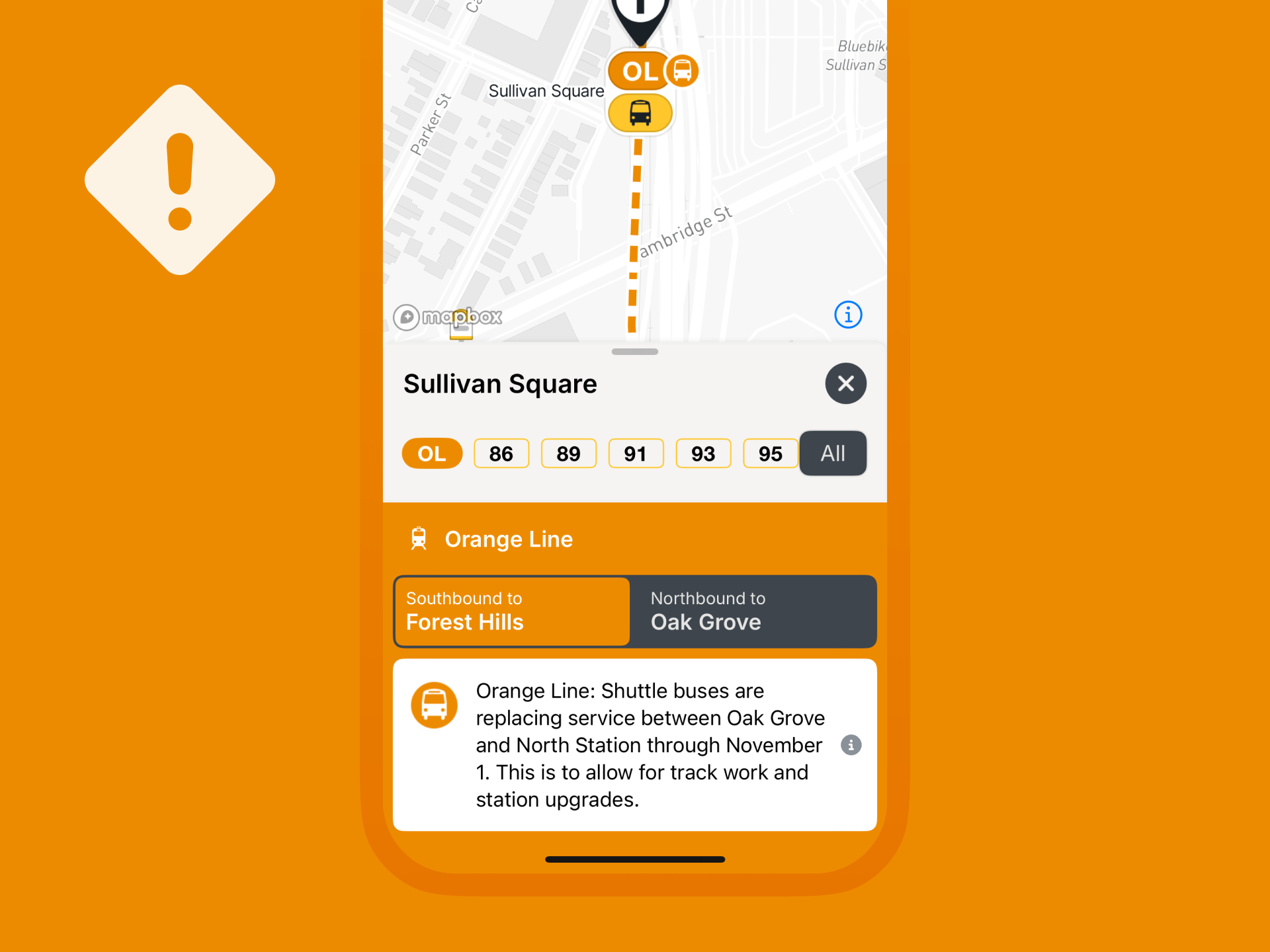 A screenshot of the MBTA Go service alerts feature, with an Orange Line disruption at Sullivan Square indicated on a map and in a written service alert.